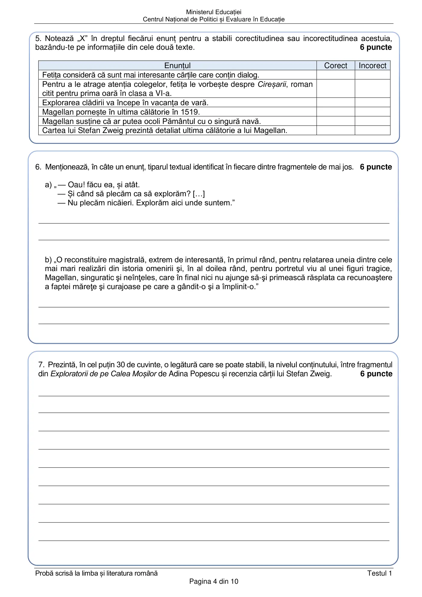Pagina 4 din subiectul test de antrenament 1, limba și literatura română, februarie 2021