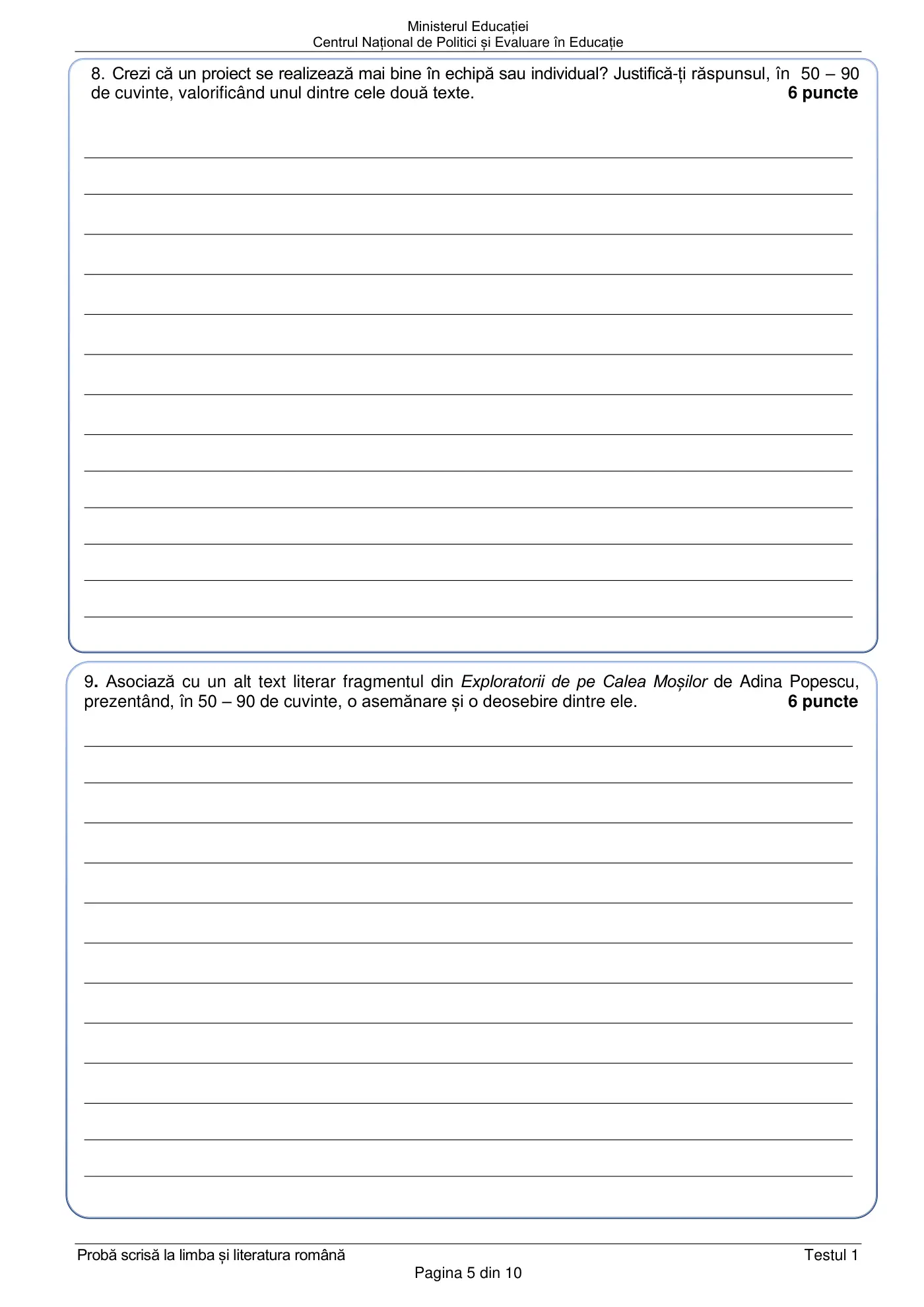 Pagina 5 din subiectul test de antrenament 1, limba și literatura română, februarie 2021