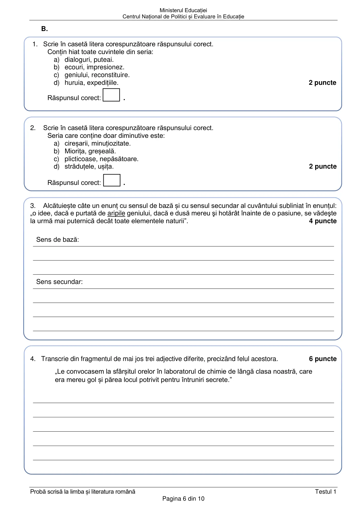 Pagina 6 din subiectul test de antrenament 1, limba și literatura română, februarie 2021