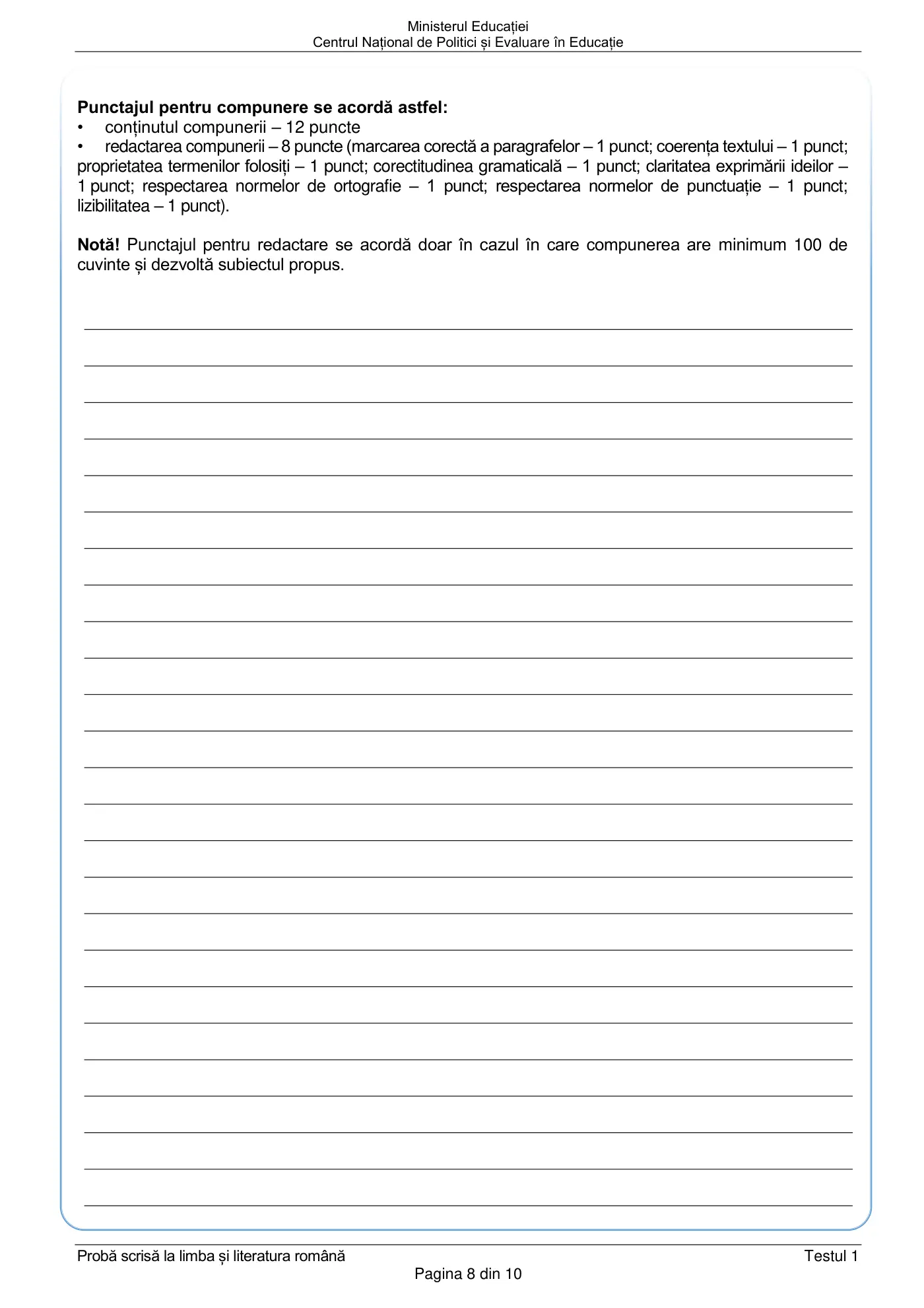 Pagina 8 din subiectul test de antrenament 1, limba și literatura română, februarie 2021