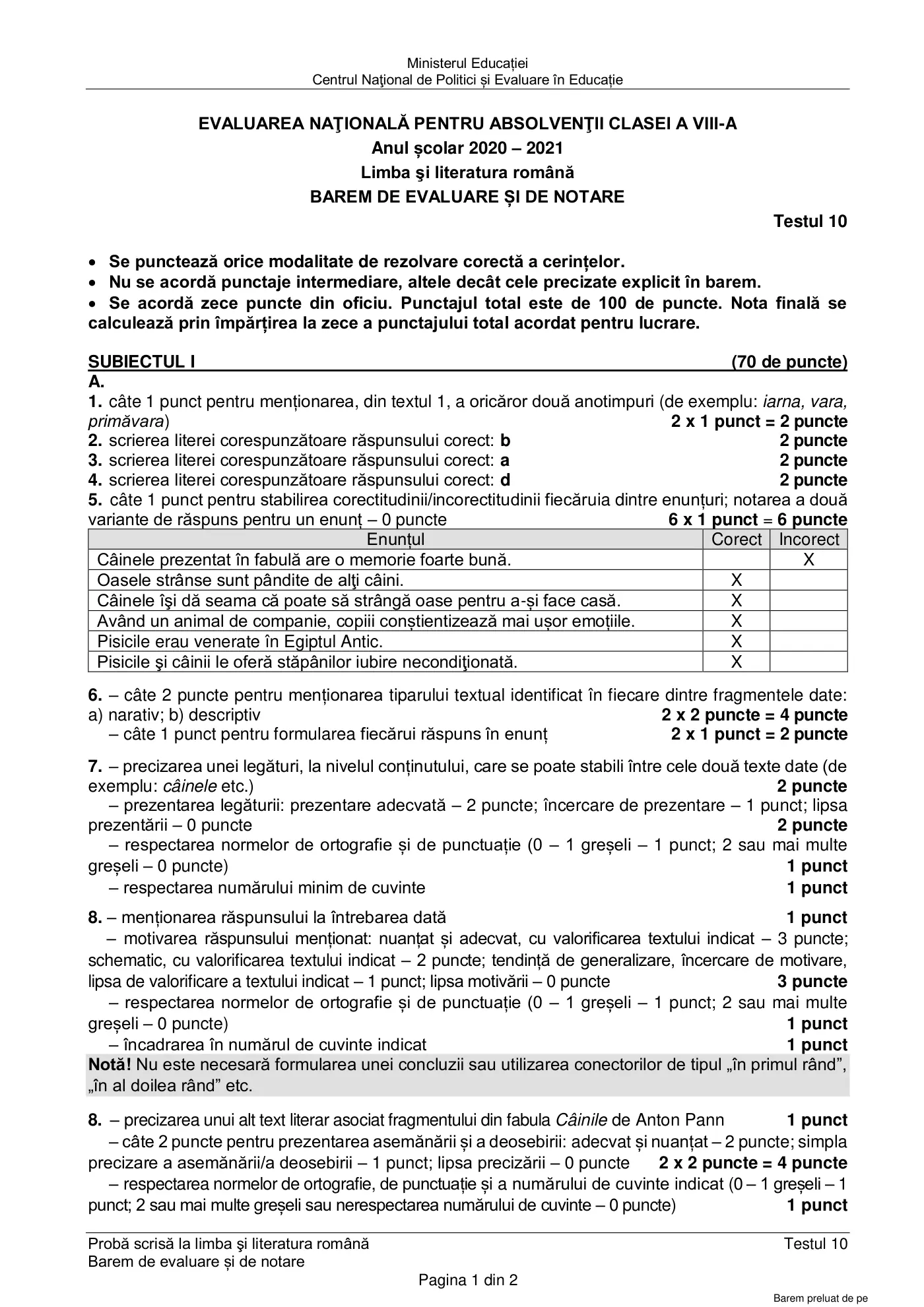 Pagina 1 din baremul pentru test de antrenament 10, limba și literatura română, martie 2021