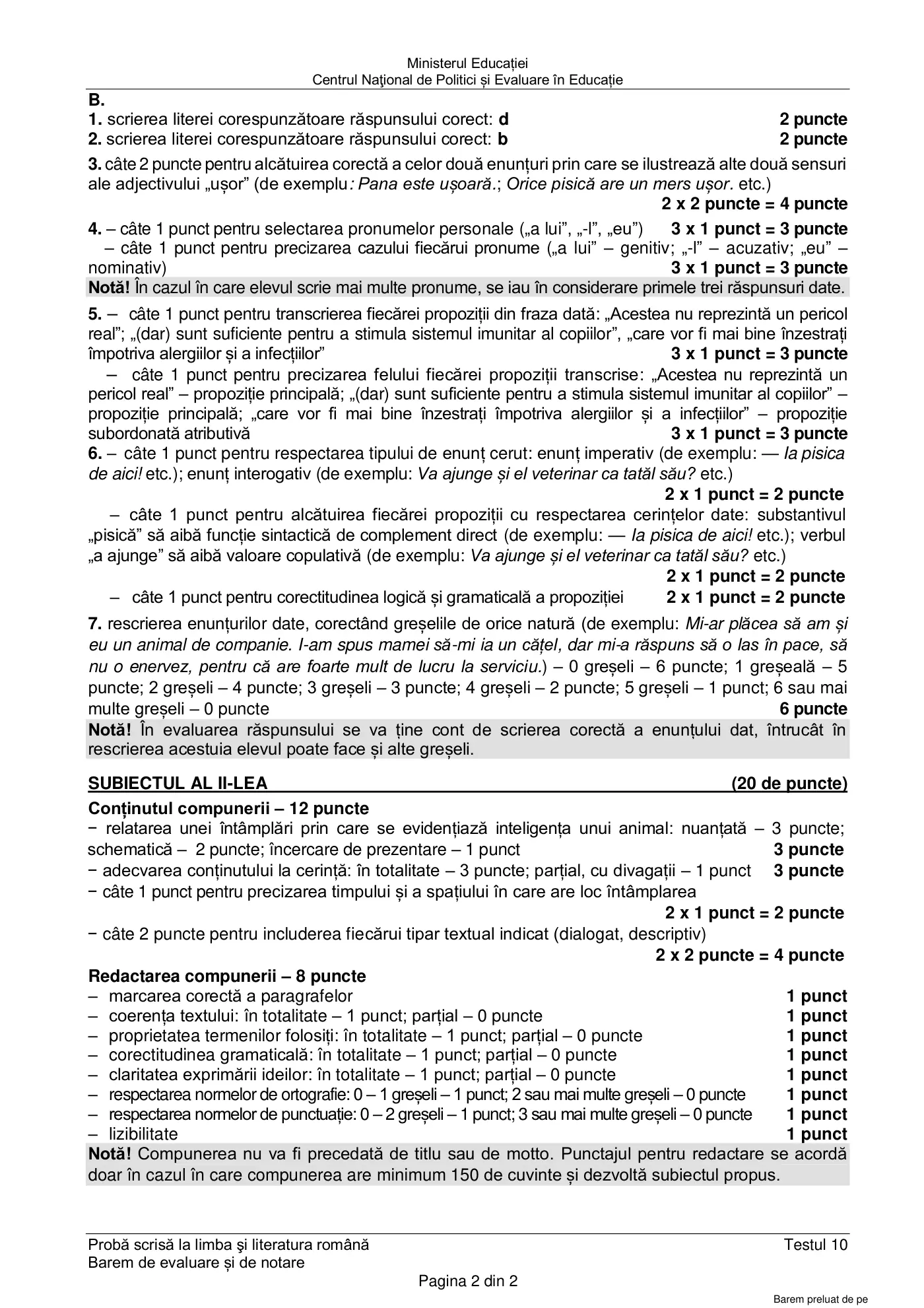 Pagina 2 din baremul pentru test de antrenament 10, limba și literatura română, martie 2021