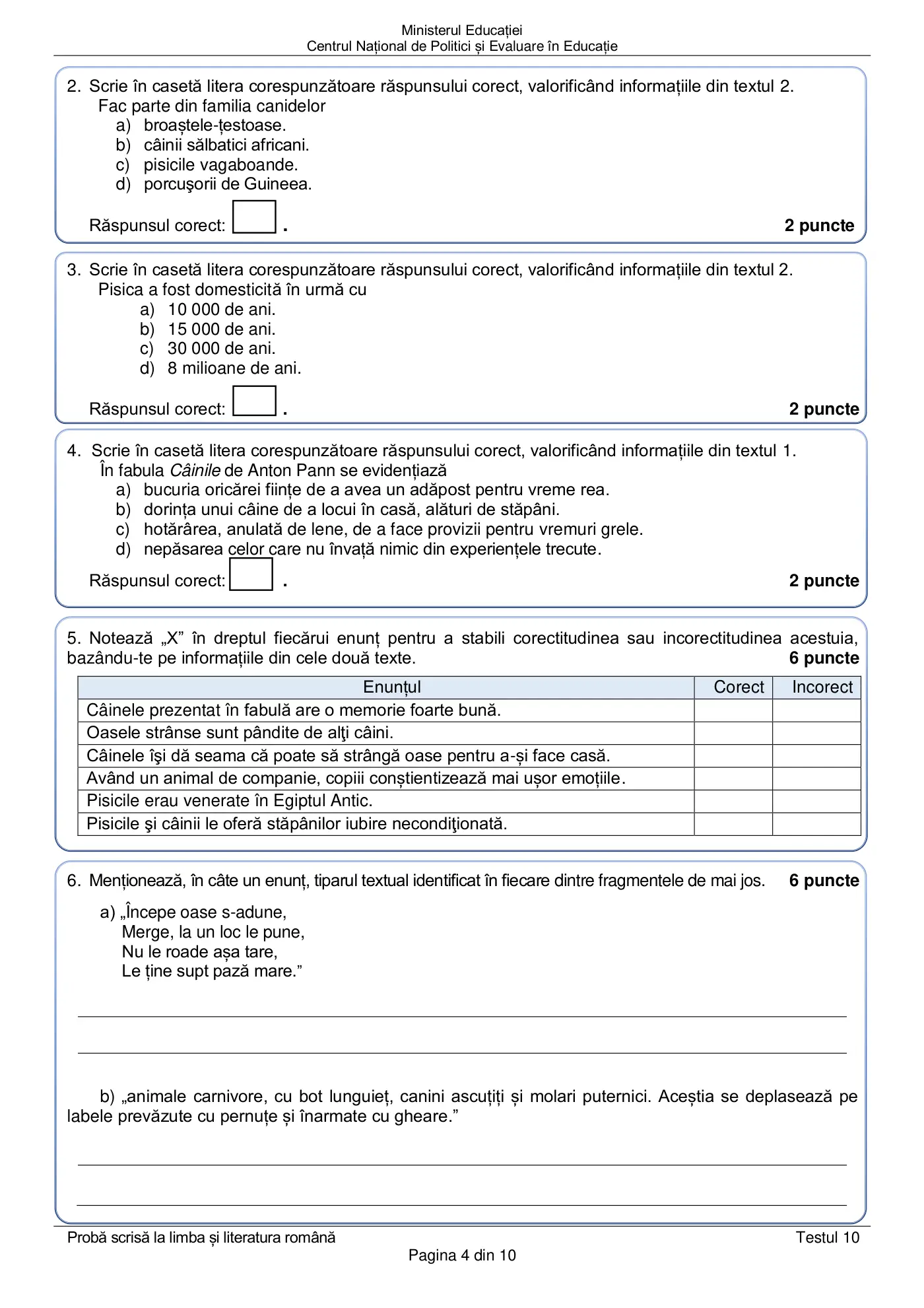 Pagina 4 din subiectul test de antrenament 10, limba și literatura română, martie 2021