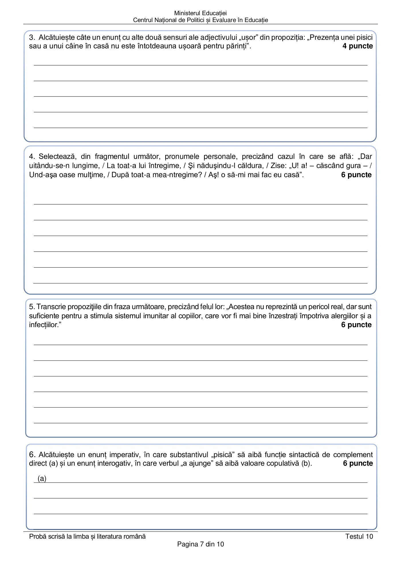 Pagina 7 din subiectul test de antrenament 10, limba și literatura română, martie 2021