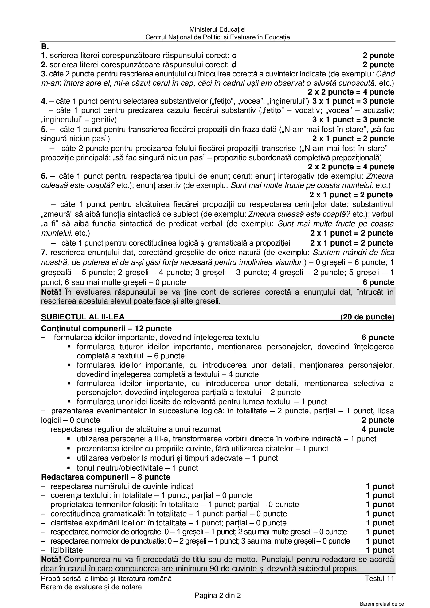 Pagina 2 din baremul pentru test de antrenament 11, limba și literatura română, martie 2021