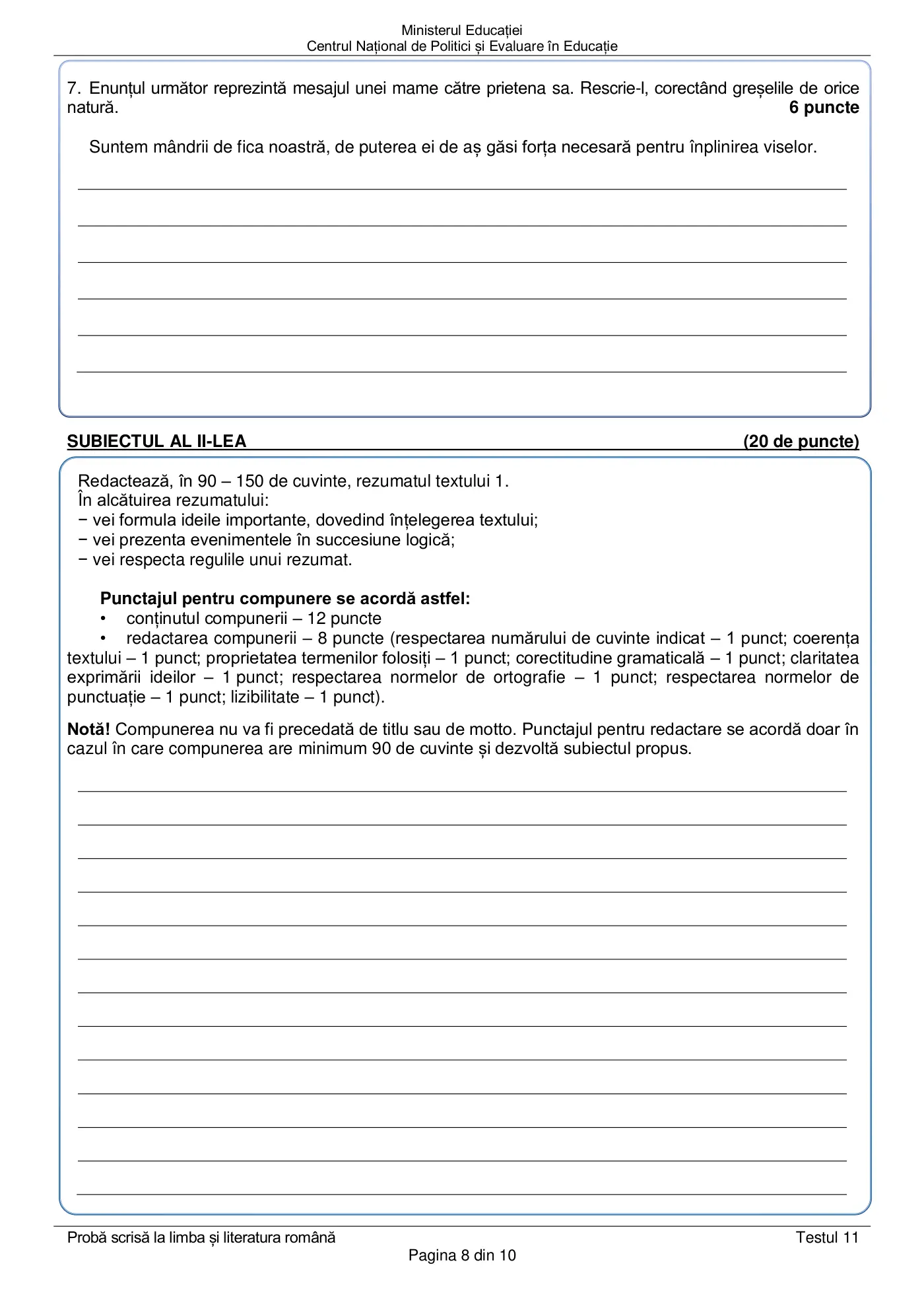 Pagina 8 din subiectul test de antrenament 11, limba și literatura română, martie 2021