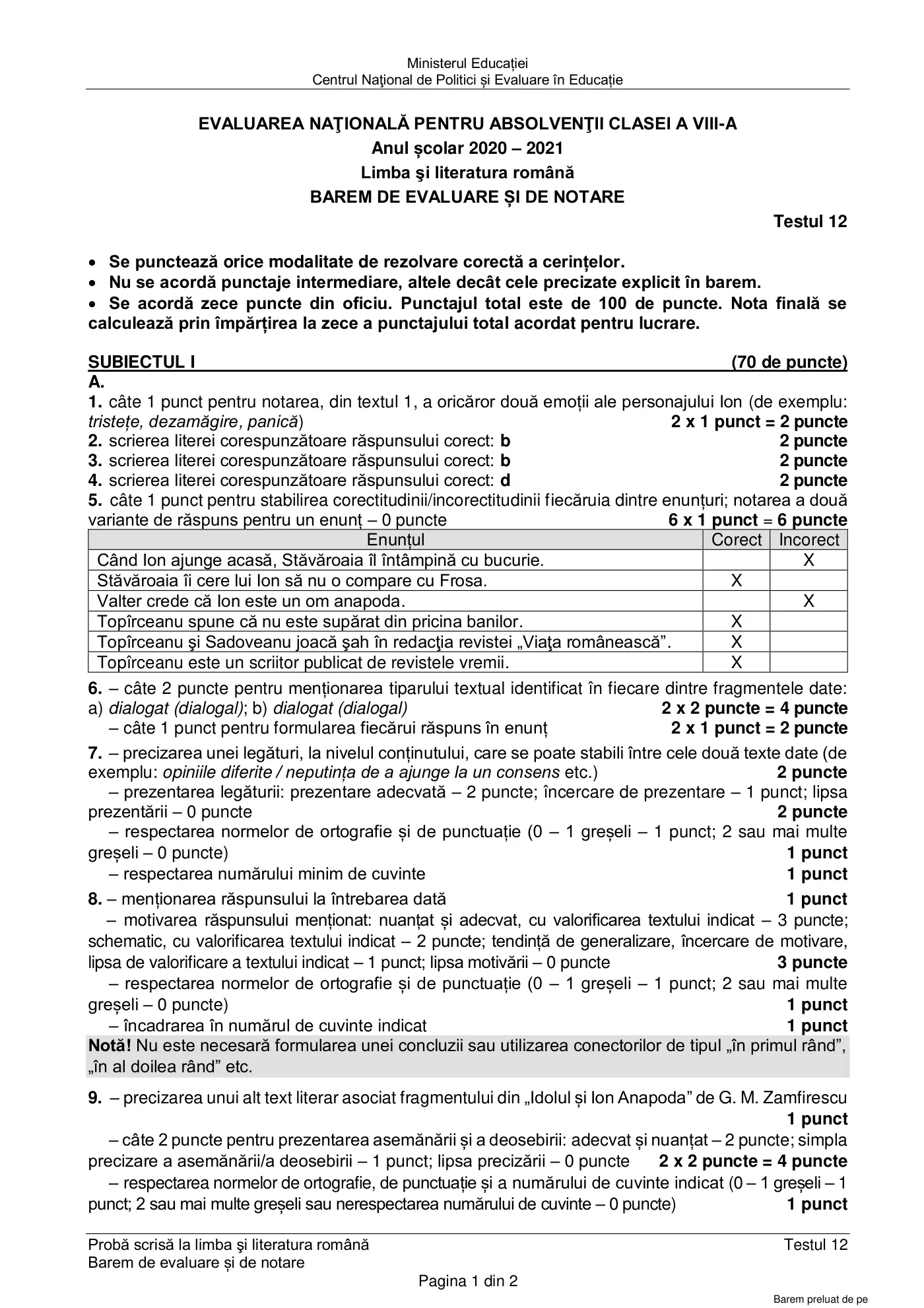 Pagina 1 din baremul pentru test de antrenament 12, limba și literatura română, martie 2021