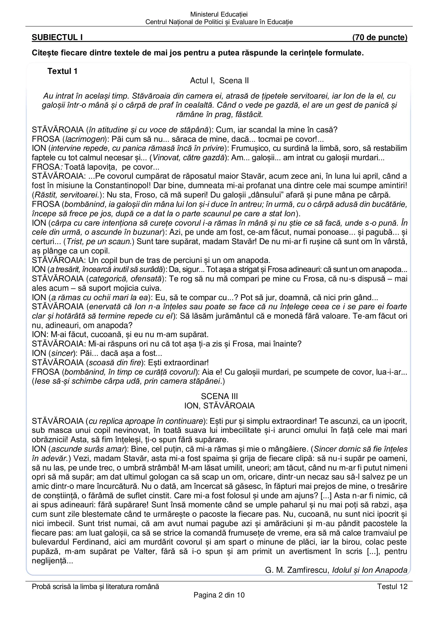 Pagina 2 din subiectul test de antrenament 12, limba și literatura română, martie 2021