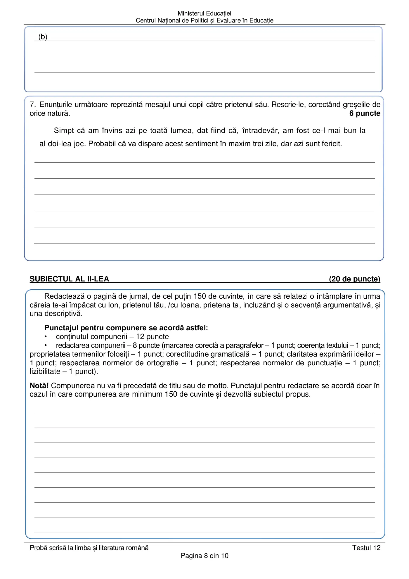 Pagina 8 din subiectul test de antrenament 12, limba și literatura română, martie 2021