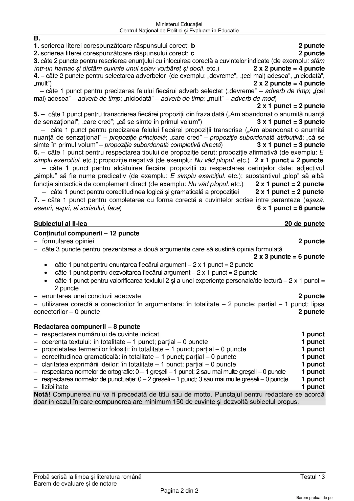 Pagina 2 din baremul pentru test de antrenament 13, limba și literatura română, martie 2021