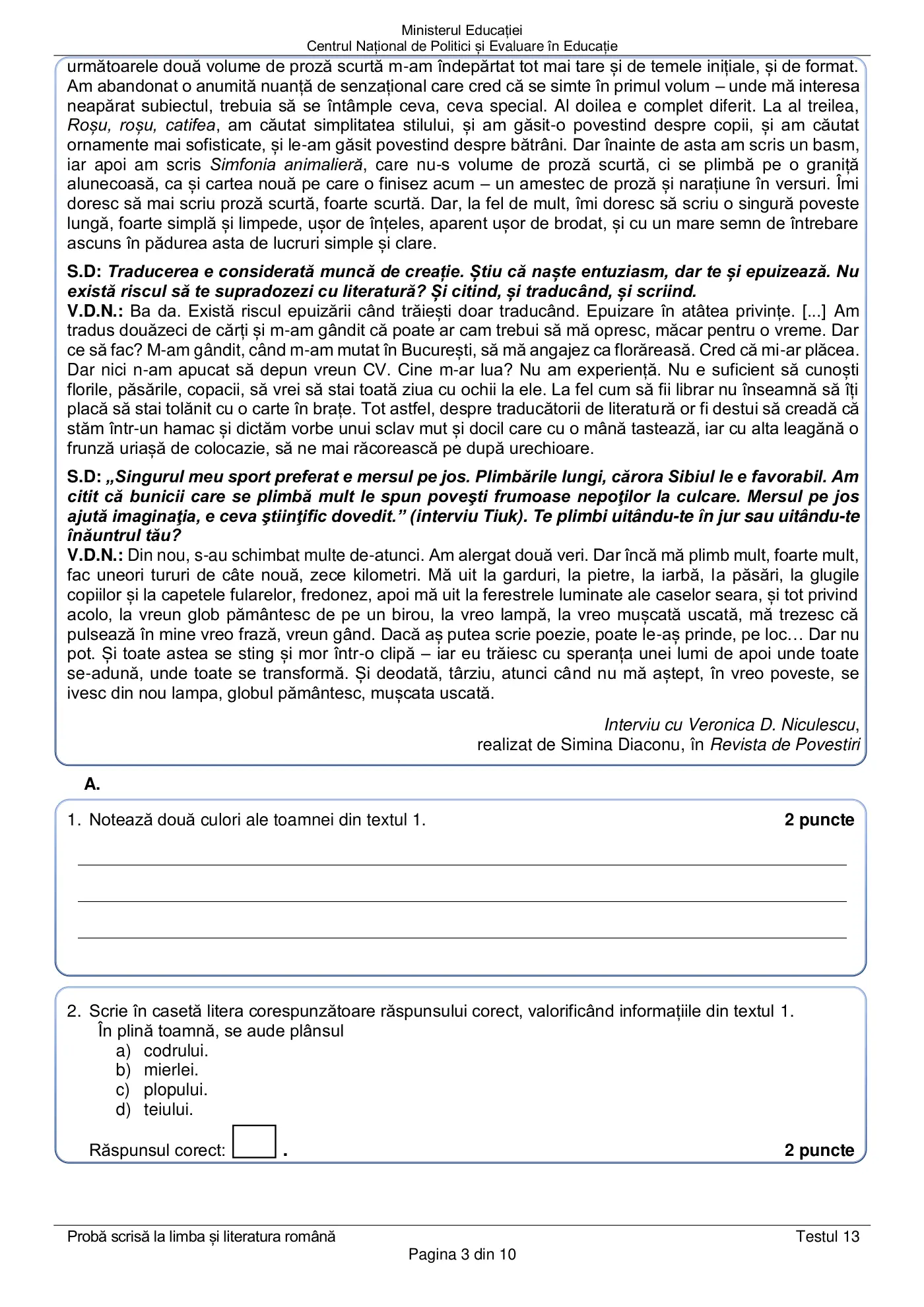 Pagina 3 din subiectul test de antrenament 13, limba și literatura română, martie 2021