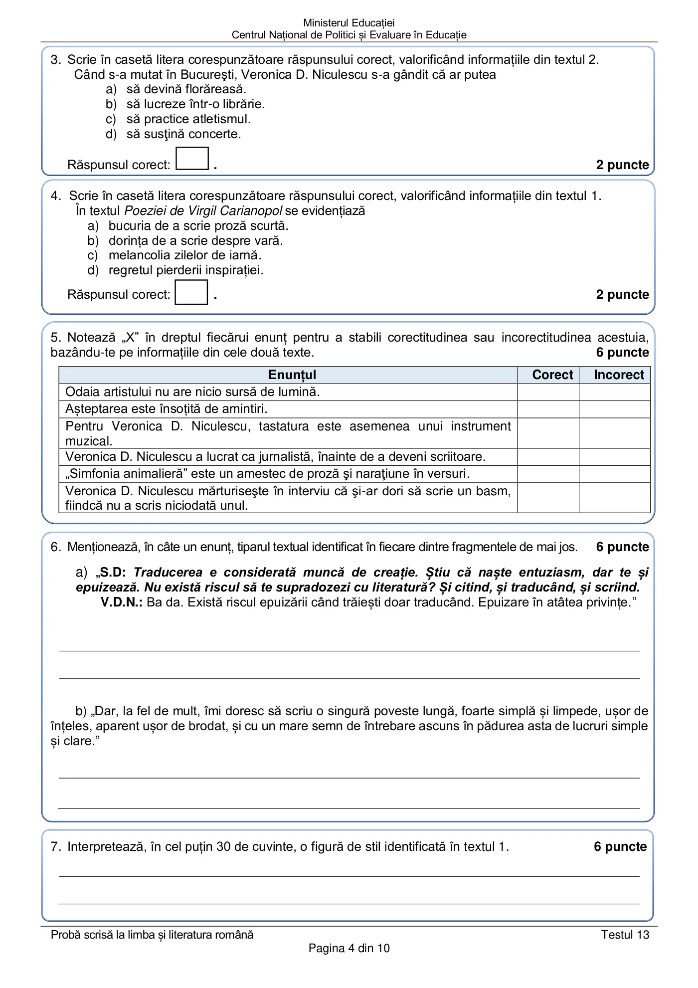 Pagina 4 din subiectul test de antrenament 13, limba și literatura română, martie 2021