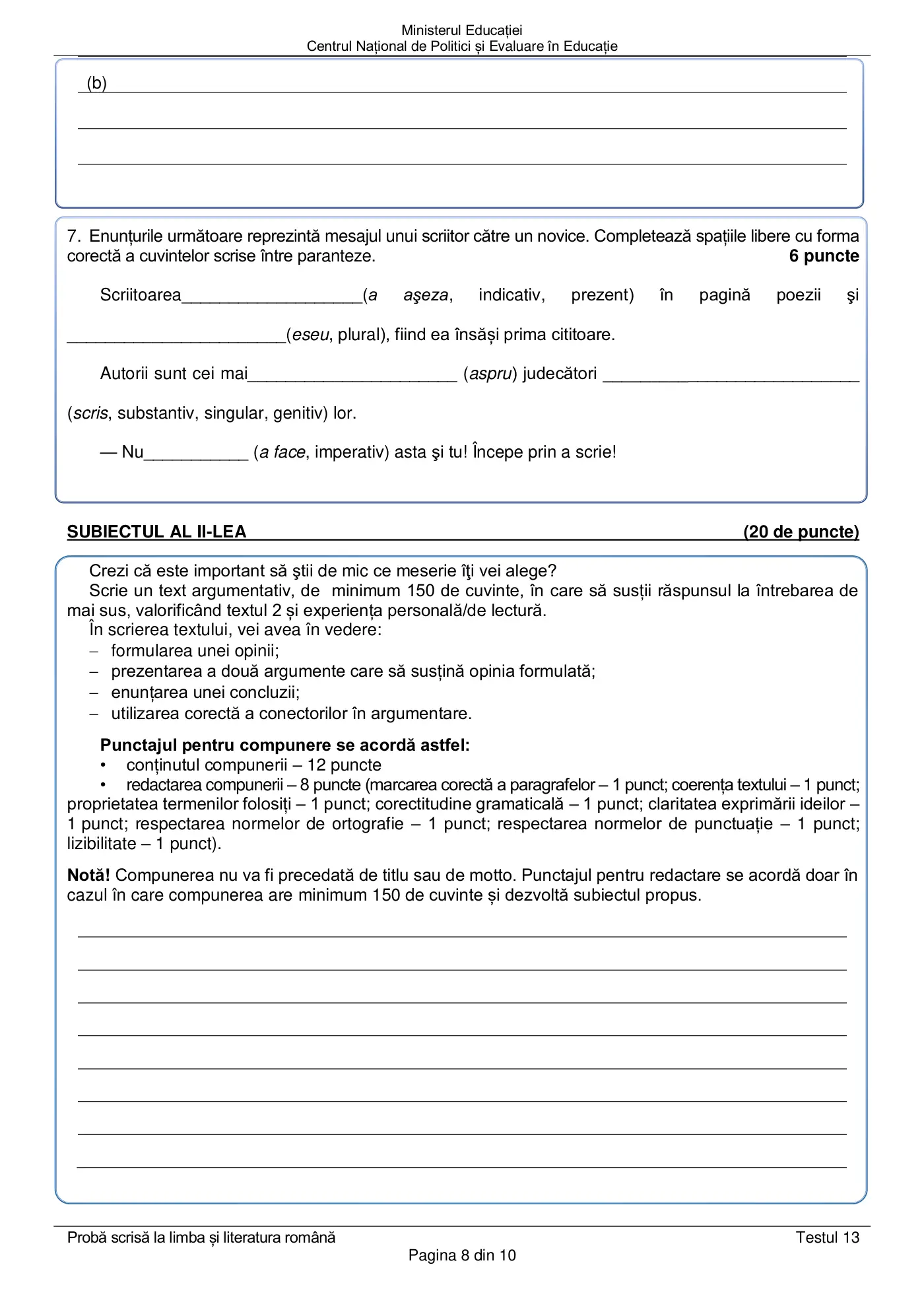 Pagina 8 din subiectul test de antrenament 13, limba și literatura română, martie 2021