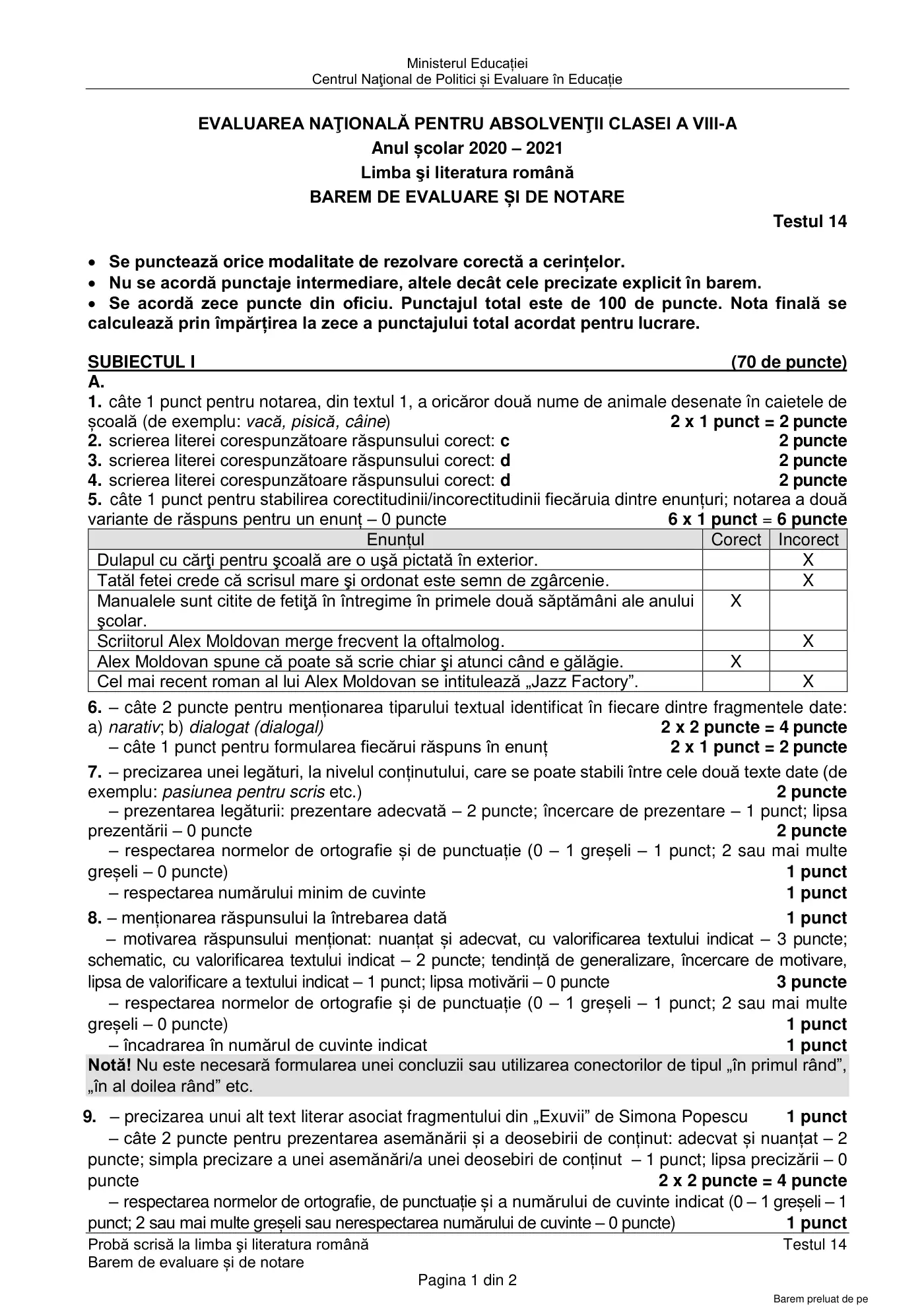 Pagina 1 din baremul pentru test de antrenament 14, limba și literatura română, martie 2021