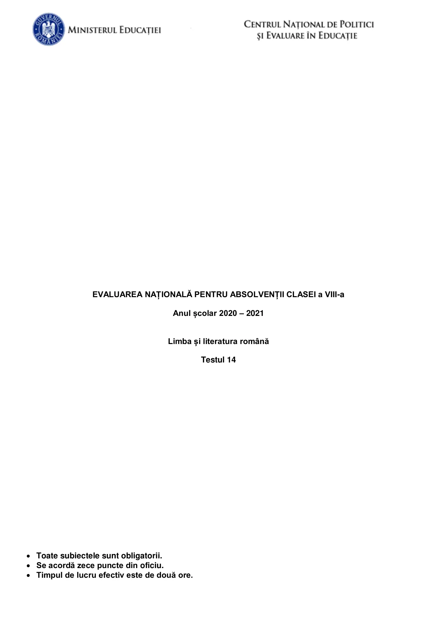 Pagina 1 din subiectul test de antrenament 14, limba și literatura română, martie 2021