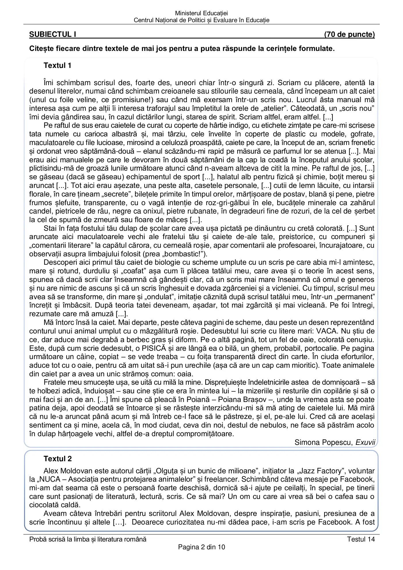 Pagina 2 din subiectul test de antrenament 14, limba și literatura română, martie 2021