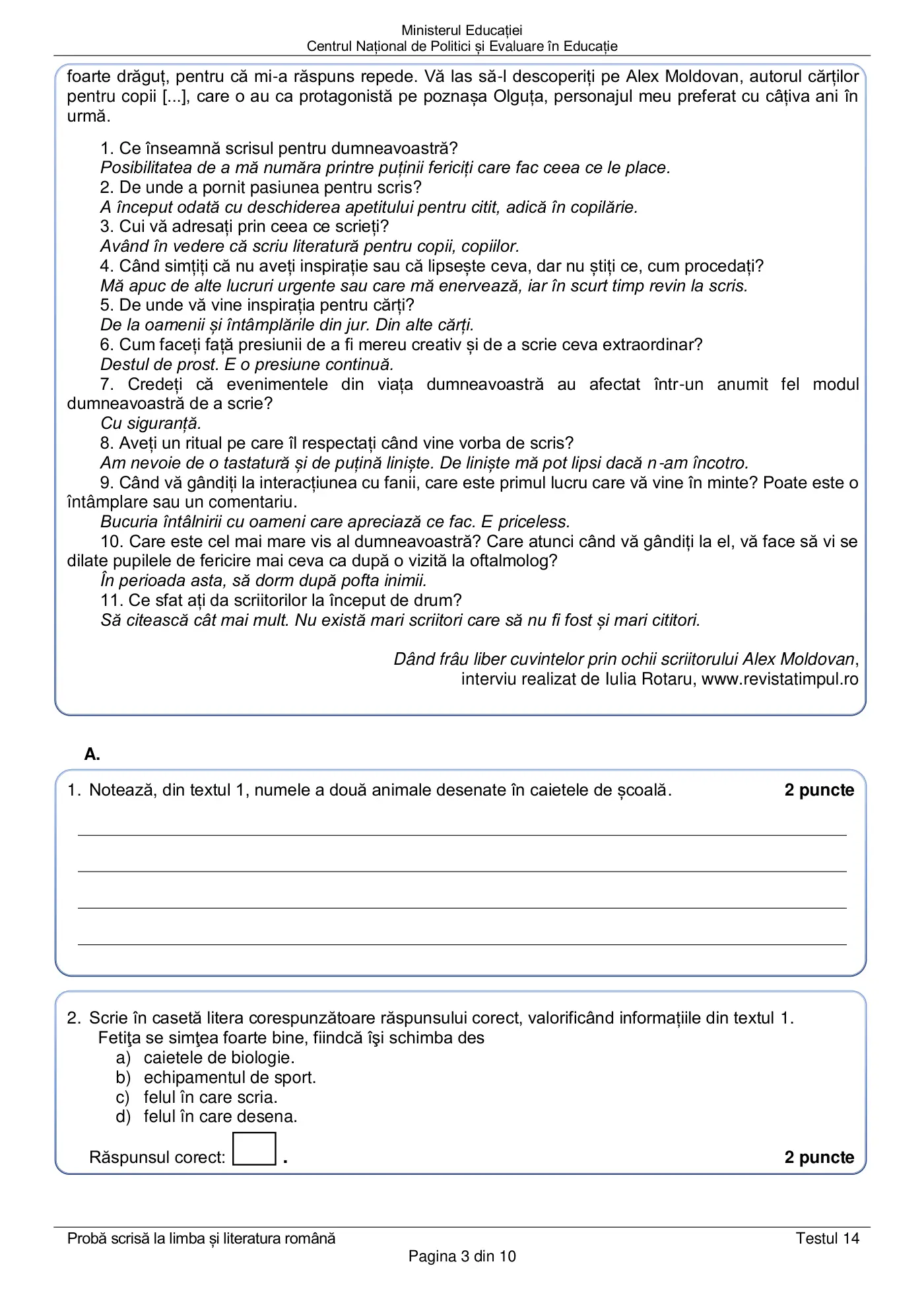 Pagina 3 din subiectul test de antrenament 14, limba și literatura română, martie 2021