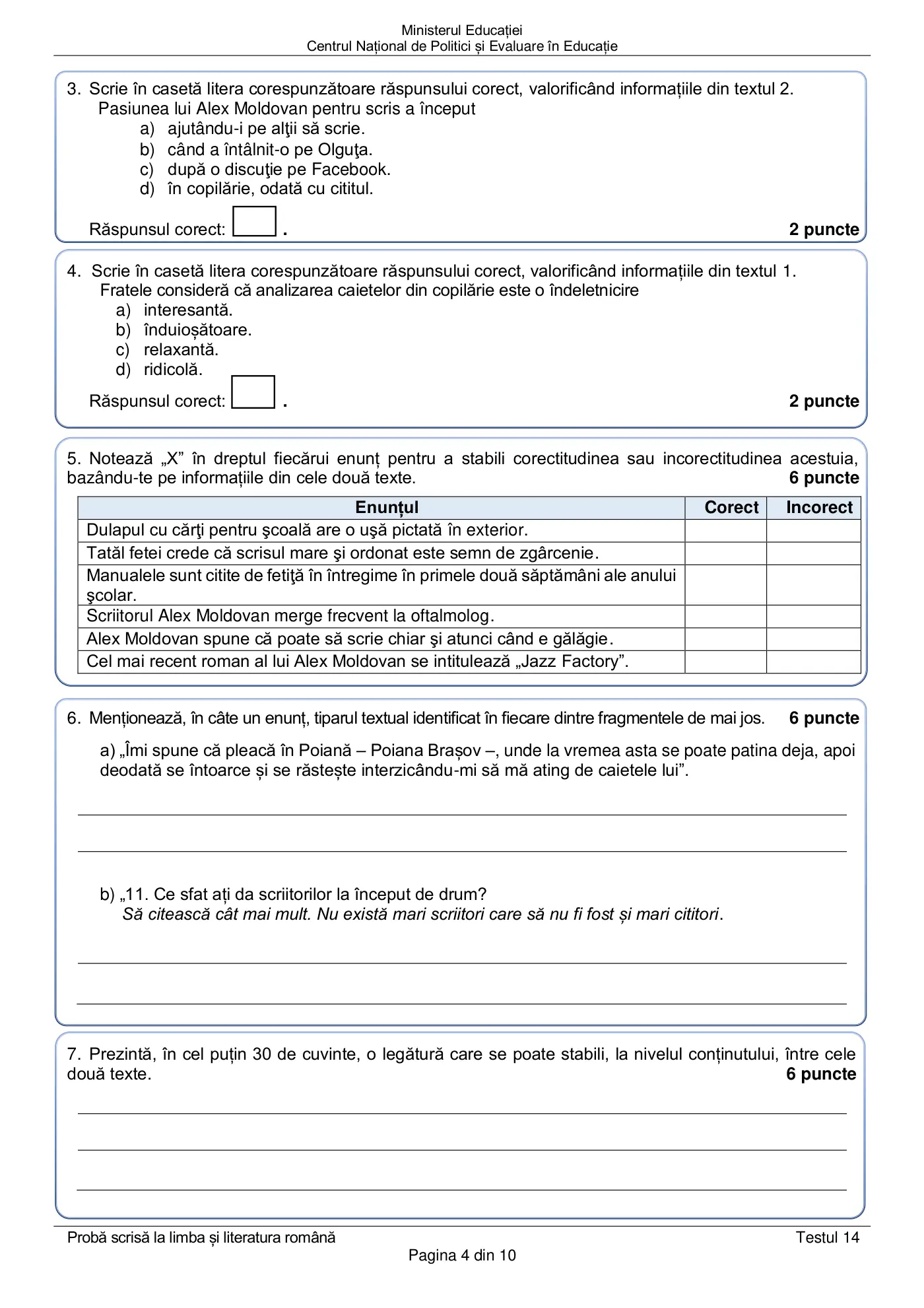Pagina 4 din subiectul test de antrenament 14, limba și literatura română, martie 2021