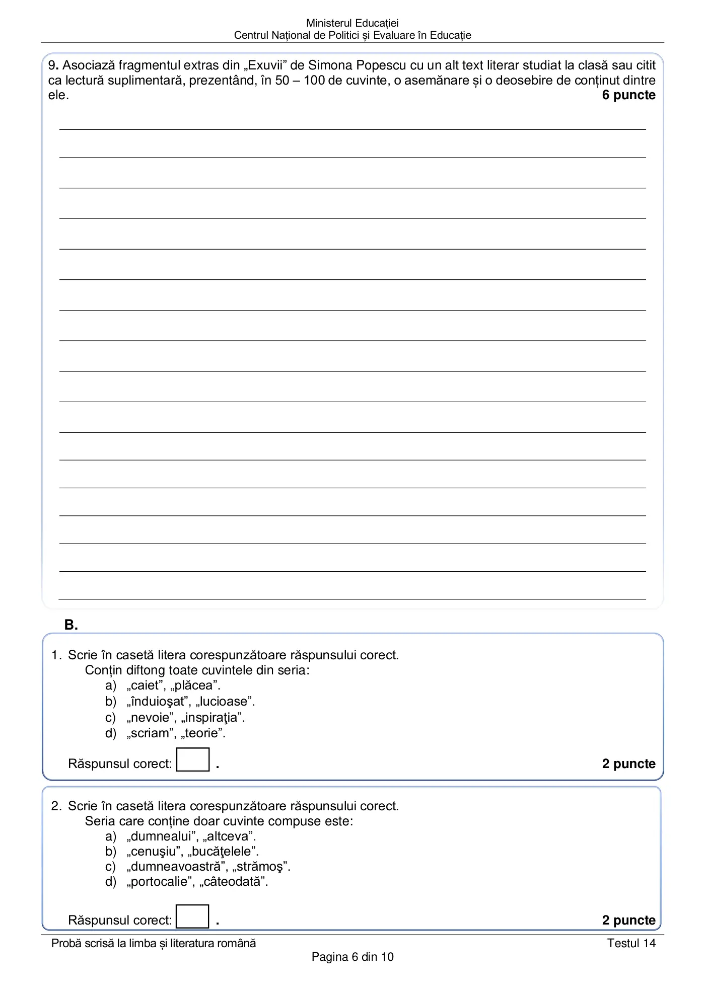 Pagina 6 din subiectul test de antrenament 14, limba și literatura română, martie 2021