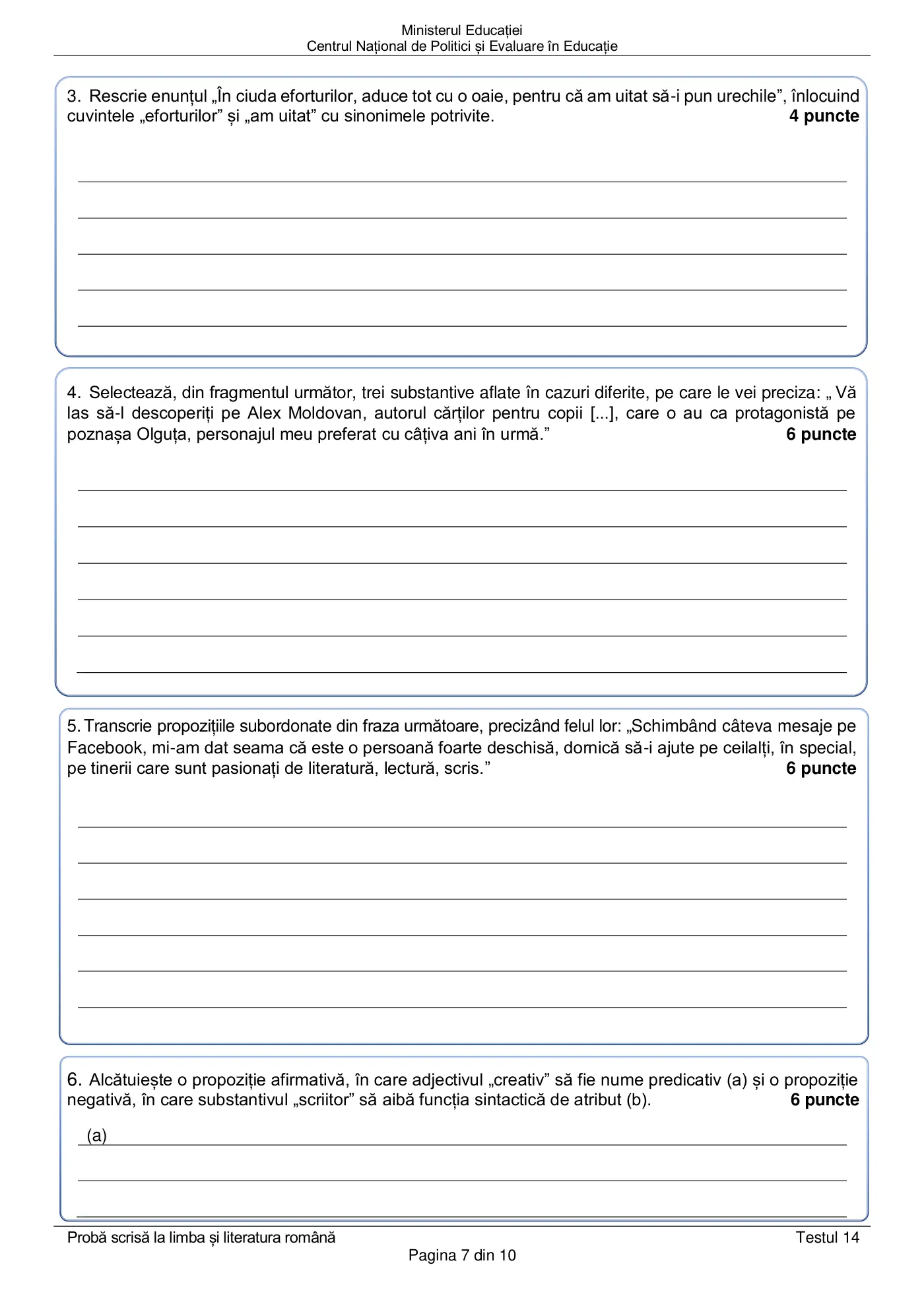Pagina 7 din subiectul test de antrenament 14, limba și literatura română, martie 2021