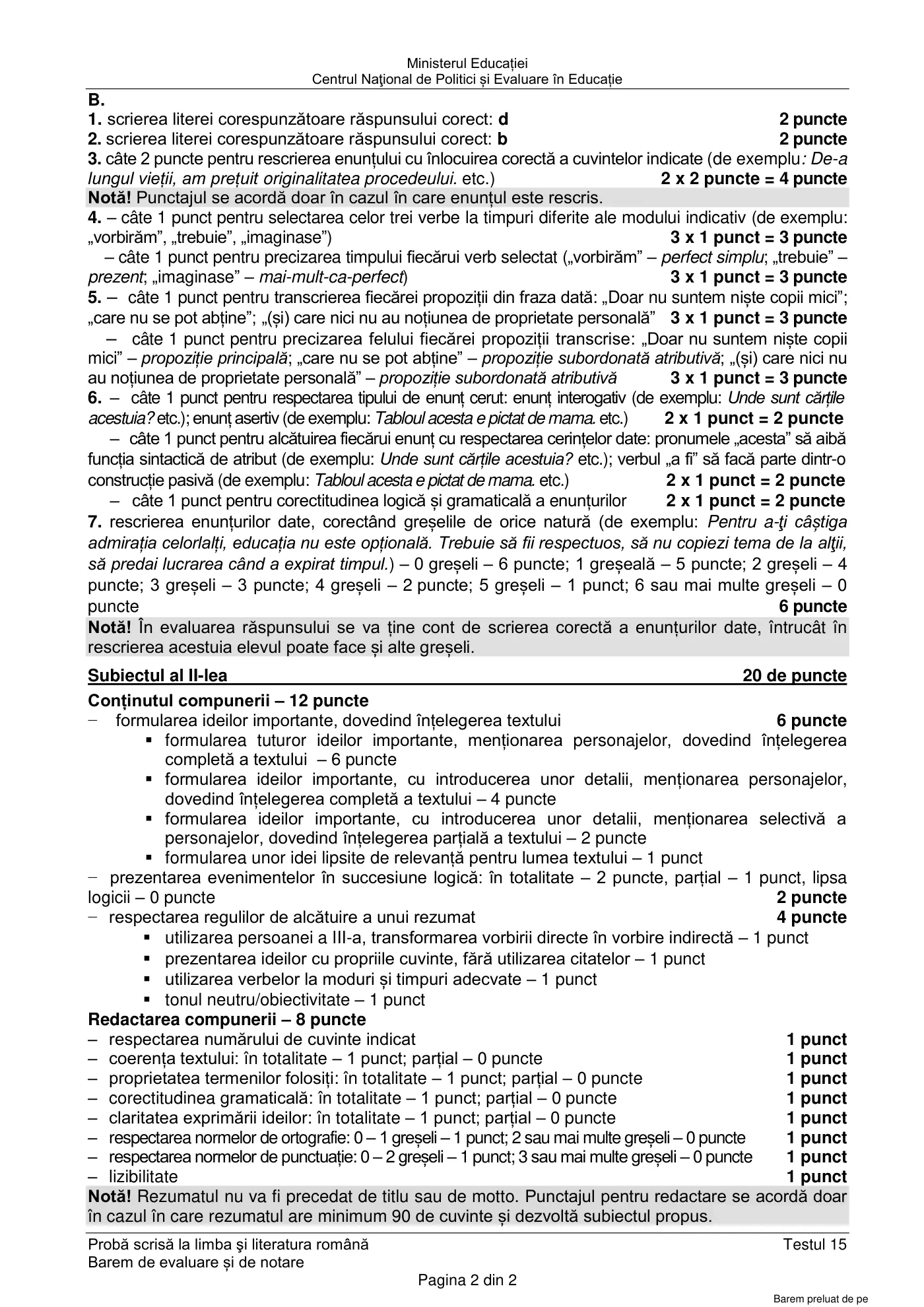 Pagina 2 din baremul pentru test de antrenament 15, limba și literatura română, martie 2021