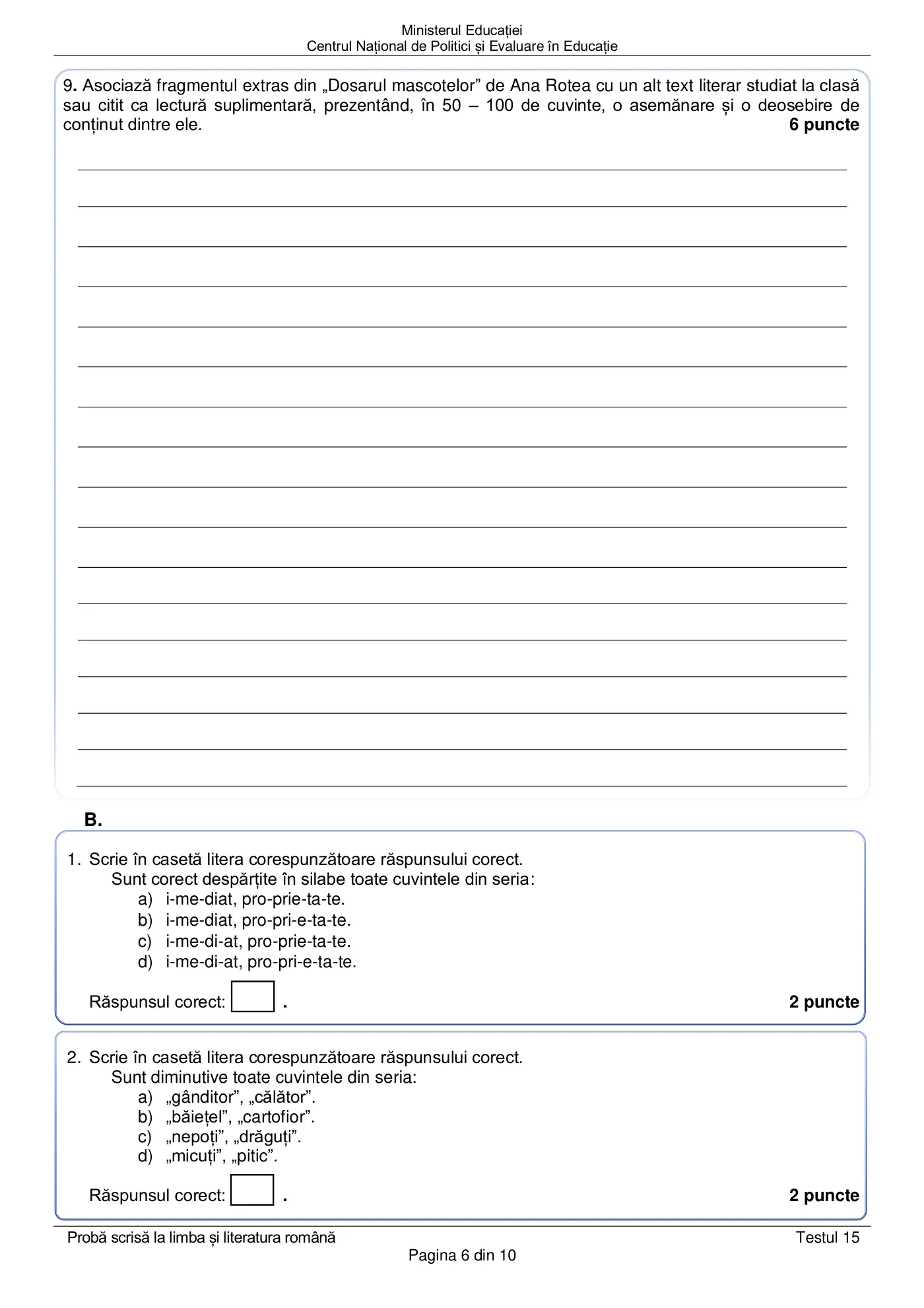 Pagina 6 din subiectul test de antrenament 15, limba și literatura română, martie 2021