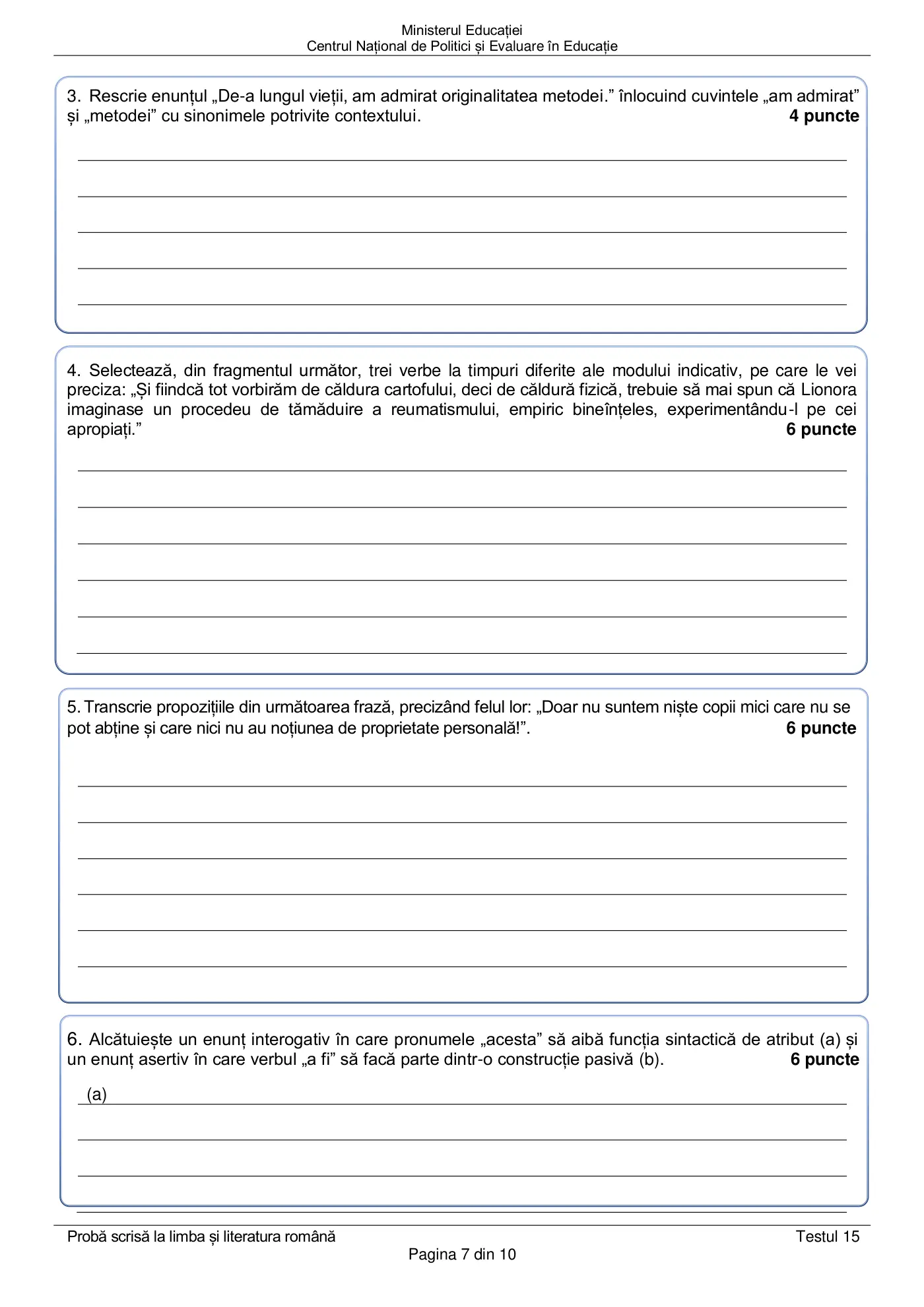 Pagina 7 din subiectul test de antrenament 15, limba și literatura română, martie 2021