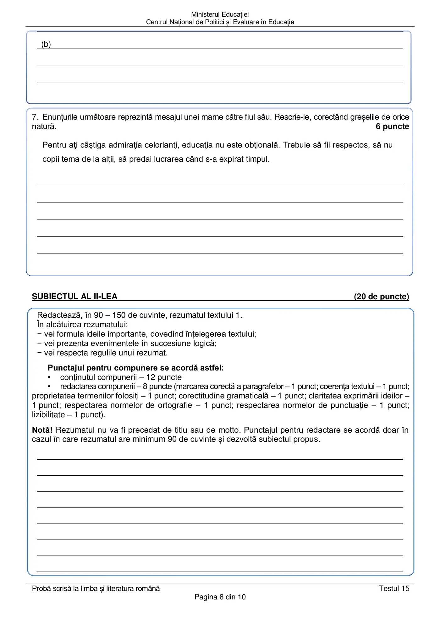 Pagina 8 din subiectul test de antrenament 15, limba și literatura română, martie 2021