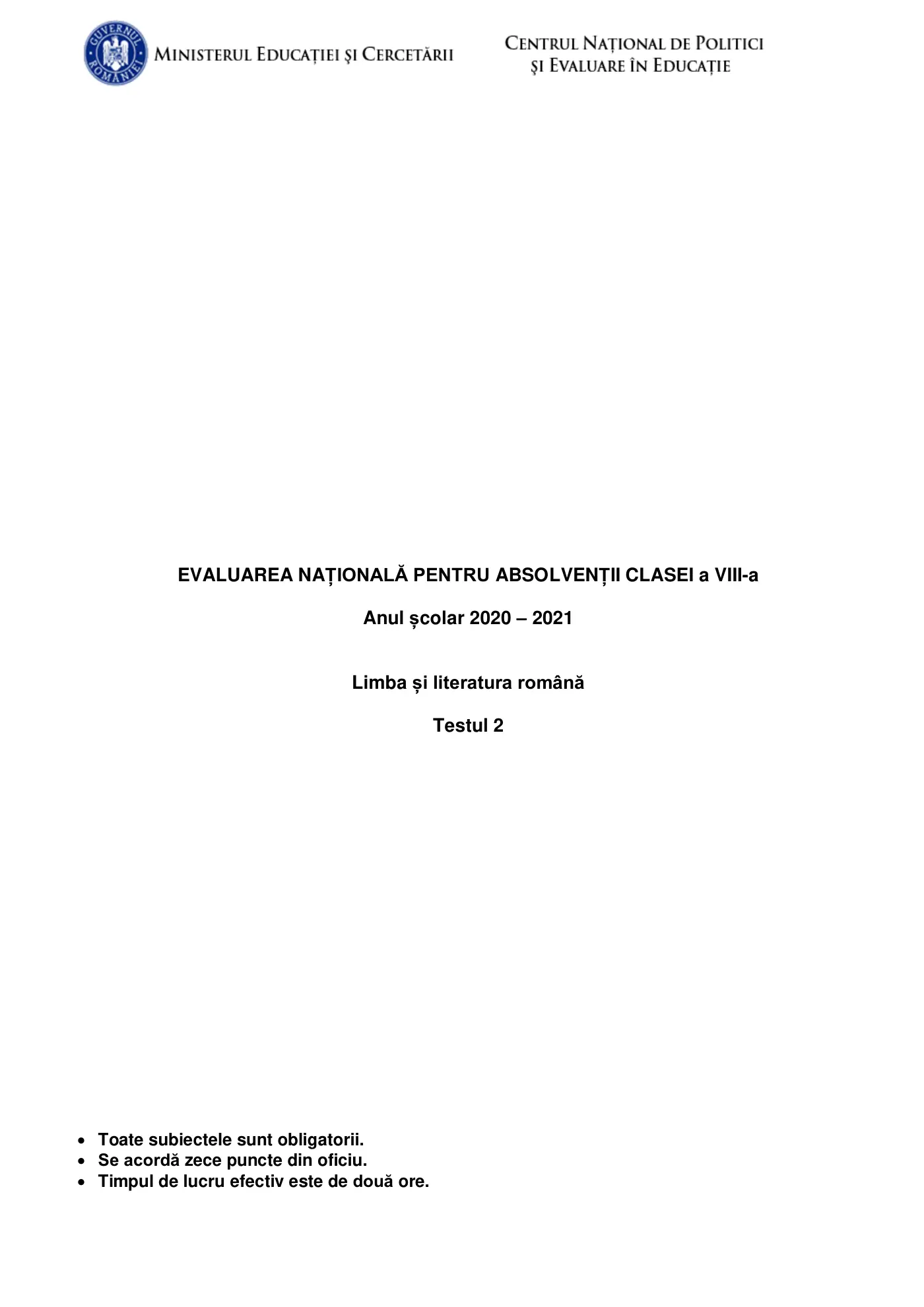 Pagina 1 din subiectul test de antrenament 2, limba și literatura română, februarie 2021