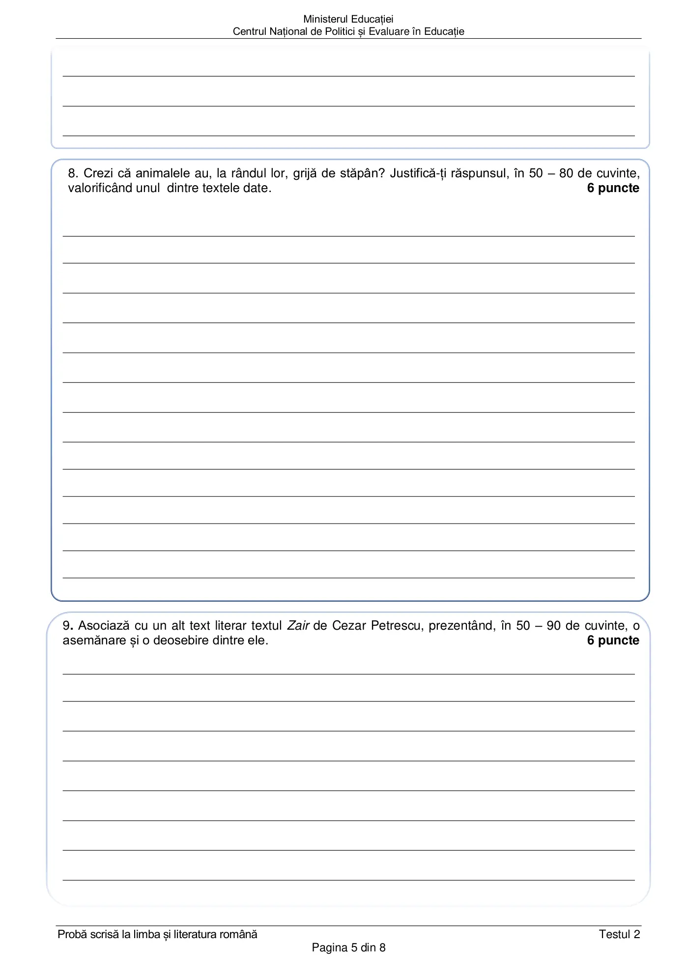 Pagina 5 din subiectul test de antrenament 2, limba și literatura română, februarie 2021