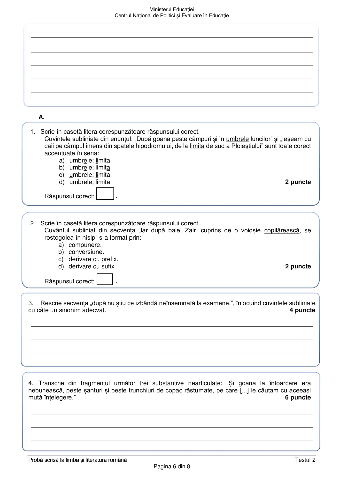 Pagina 6 din subiectul test de antrenament 2, limba și literatura română, februarie 2021