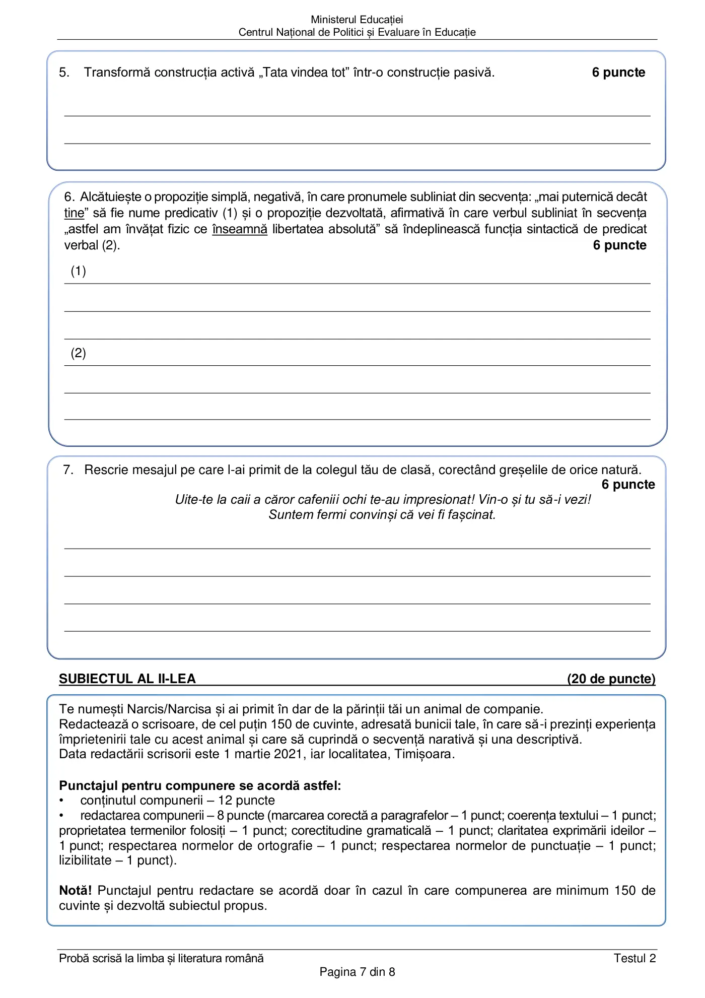 Pagina 7 din subiectul test de antrenament 2, limba și literatura română, februarie 2021