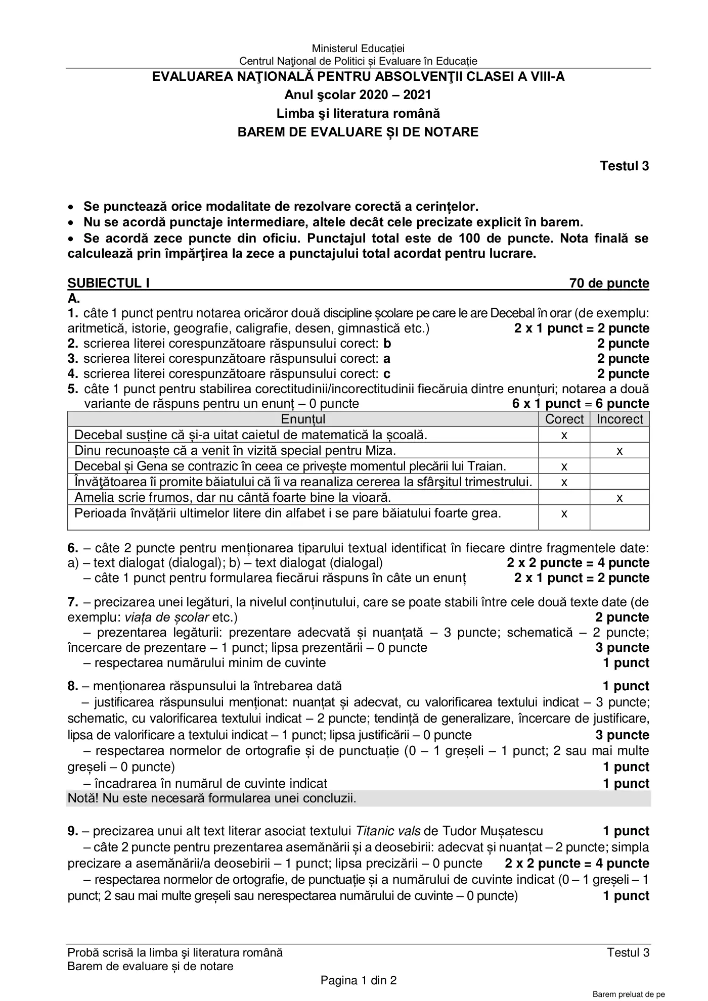 Pagina 1 din baremul pentru test de antrenament 3, limba și literatura română, februarie 2021