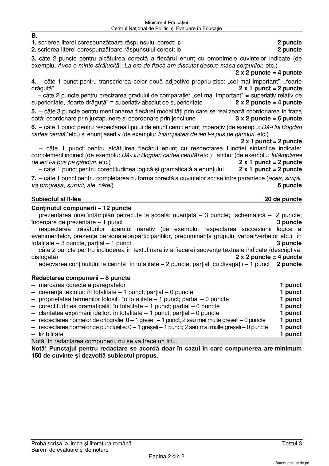 Pagina 2 din baremul pentru test de antrenament 3, limba și literatura română, februarie 2021