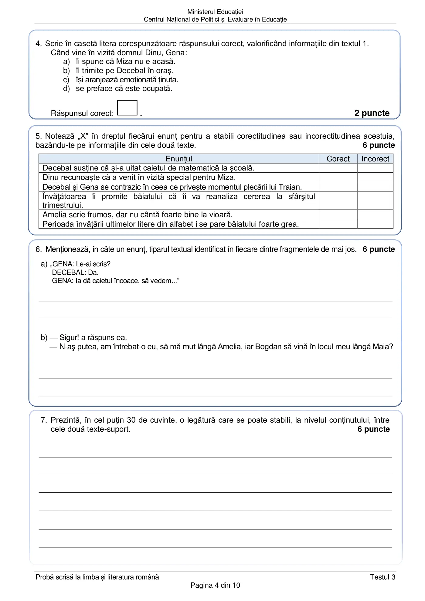 Pagina 4 din subiectul test de antrenament 3, limba și literatura română, februarie 2021