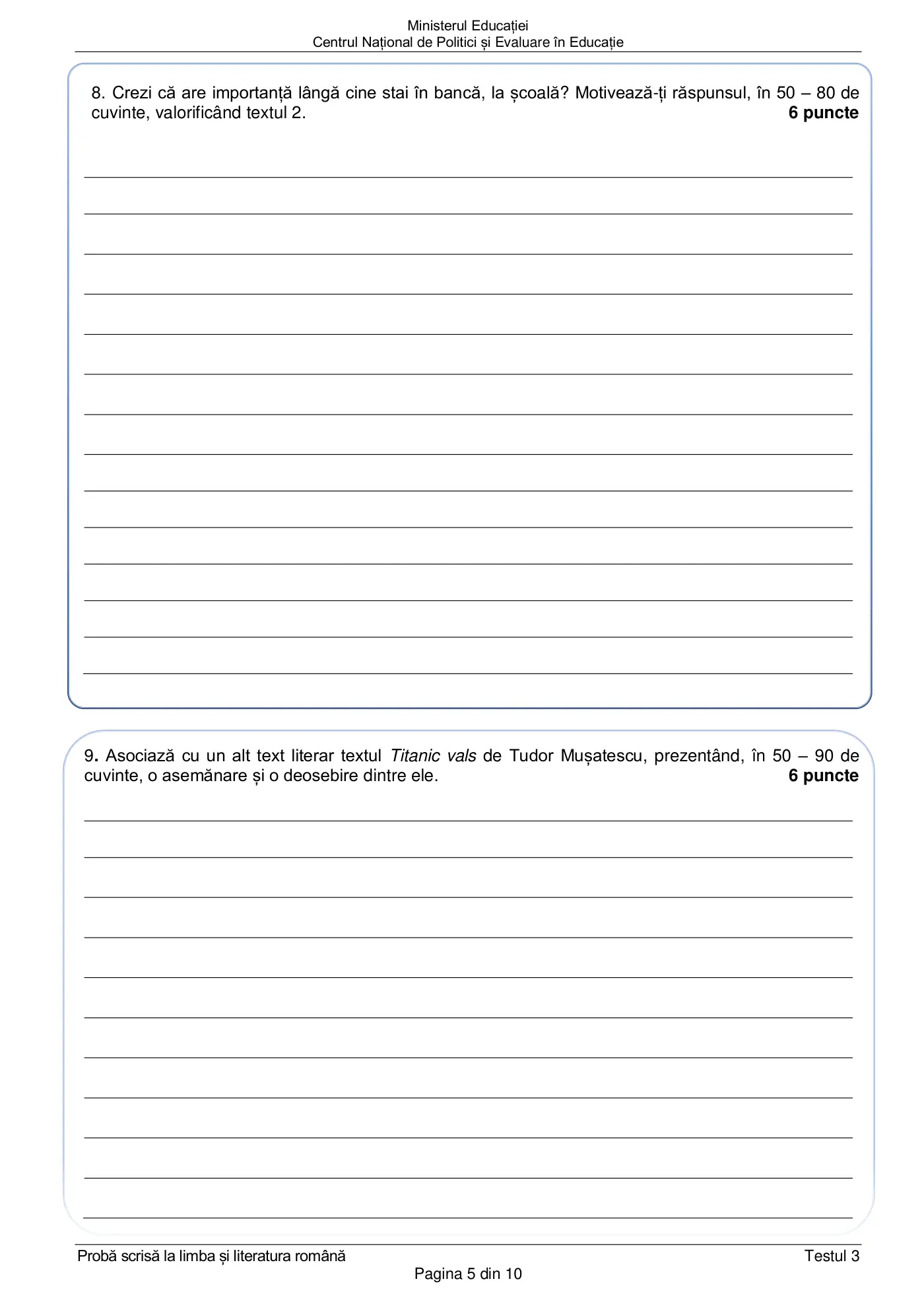 Pagina 5 din subiectul test de antrenament 3, limba și literatura română, februarie 2021