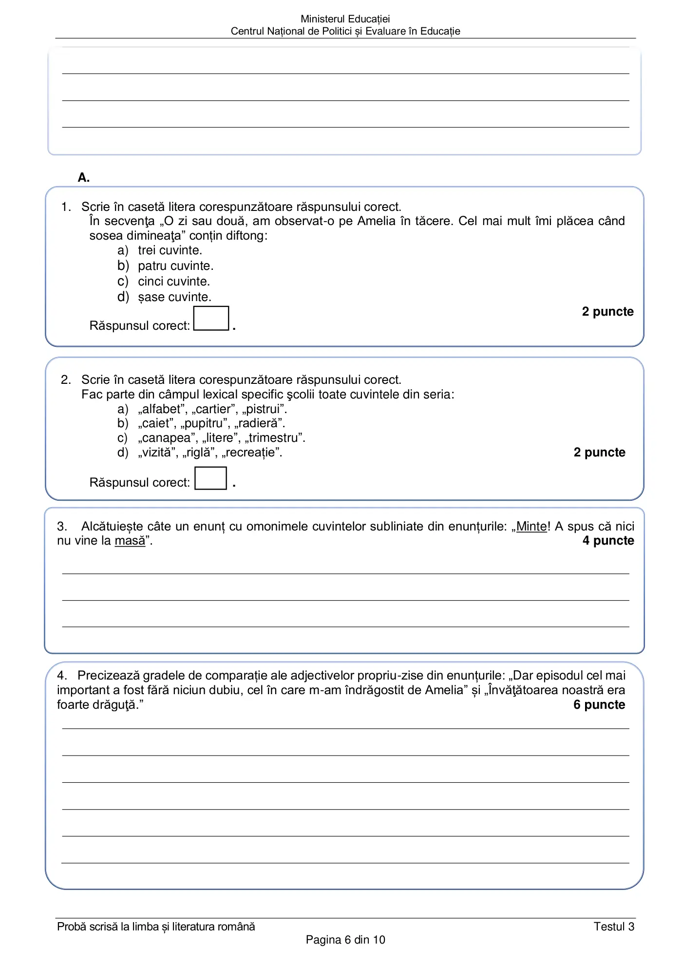 Pagina 6 din subiectul test de antrenament 3, limba și literatura română, februarie 2021