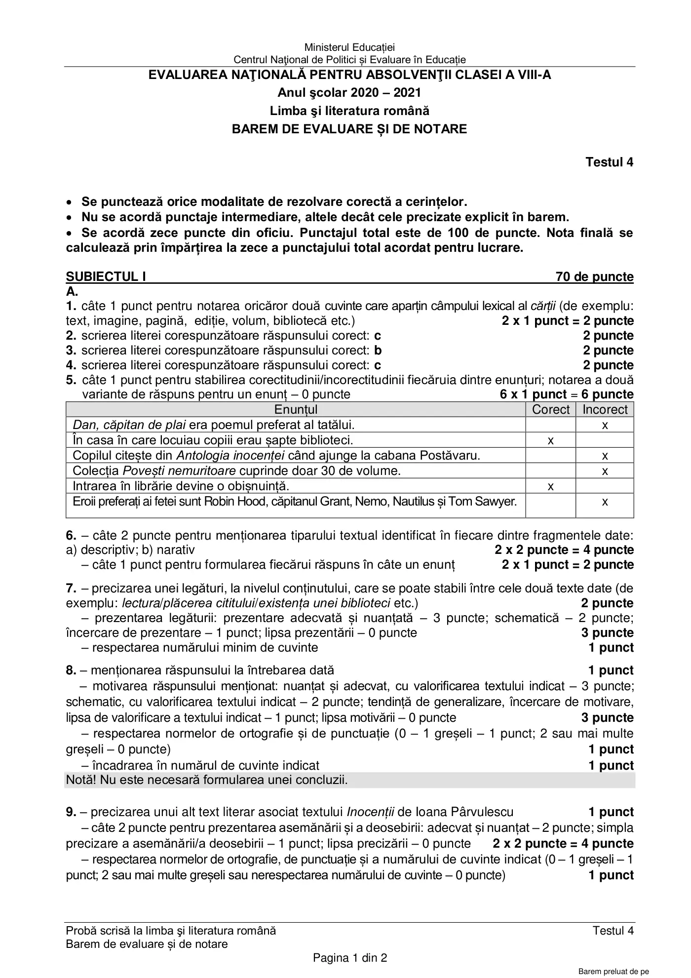 Pagina 1 din baremul pentru test de antrenament 4, limba și literatura română, februarie 2021
