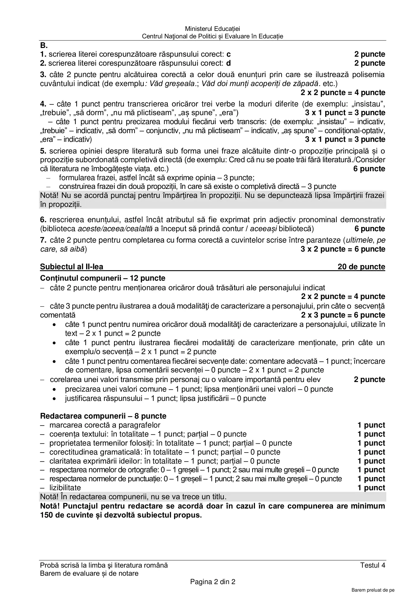 Pagina 2 din baremul pentru test de antrenament 4, limba și literatura română, februarie 2021
