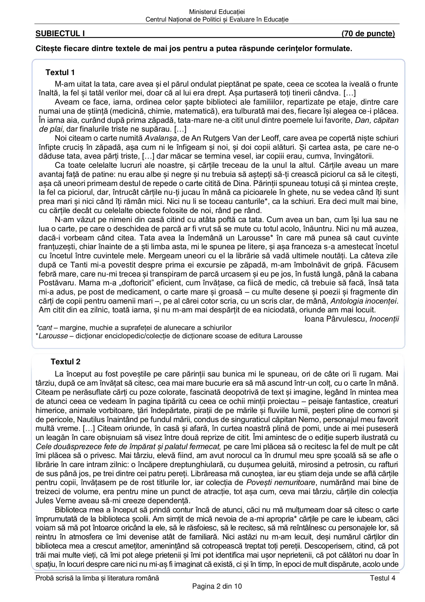 Pagina 2 din subiectul test de antrenament 4, limba și literatura română, februarie 2021