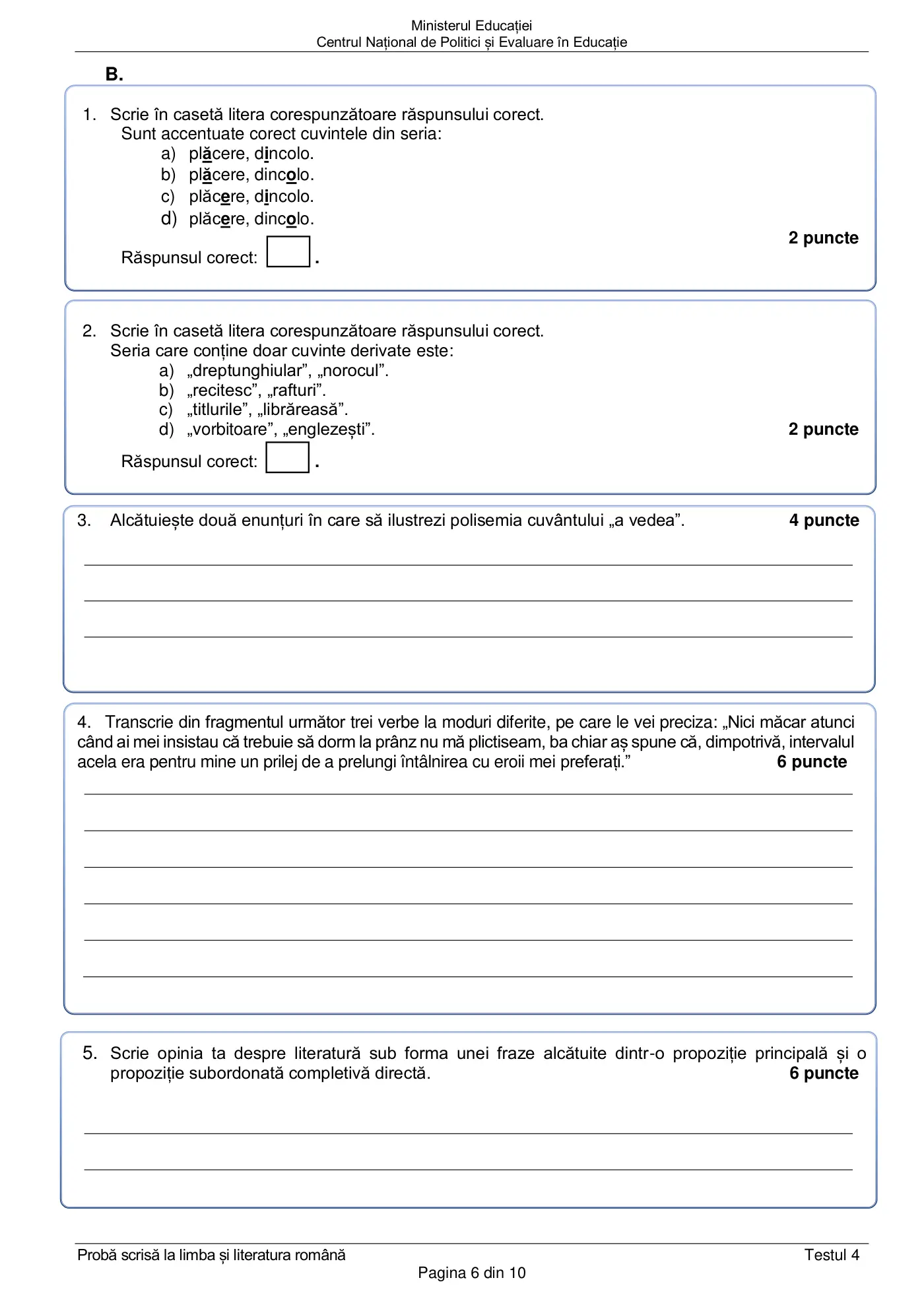 Pagina 6 din subiectul test de antrenament 4, limba și literatura română, februarie 2021