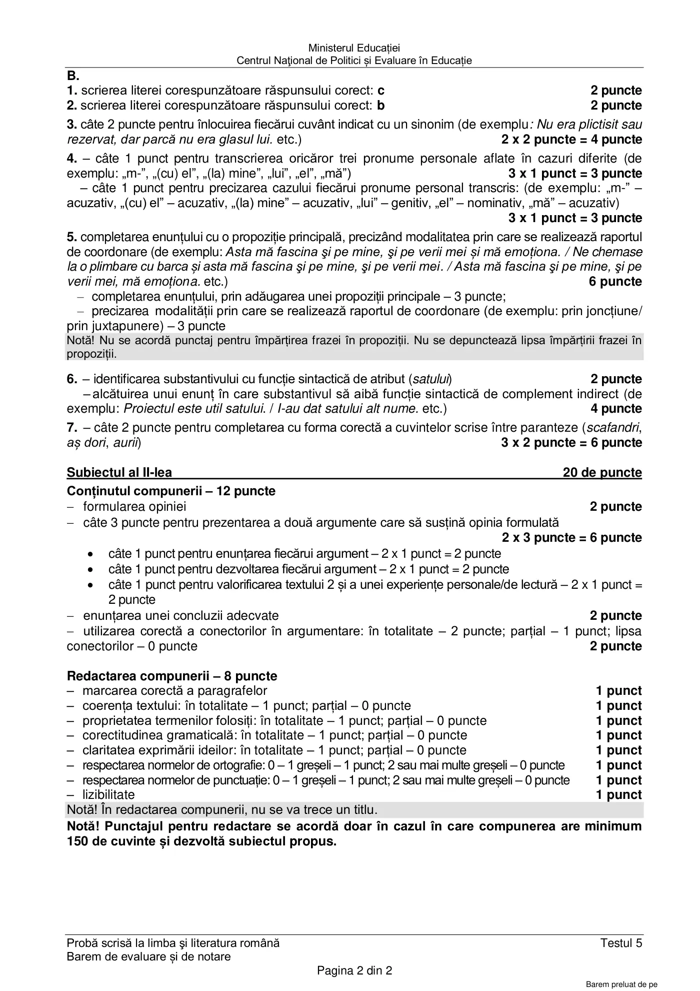 Pagina 2 din baremul pentru test de antrenament 5, limba și literatura română, februarie 2021