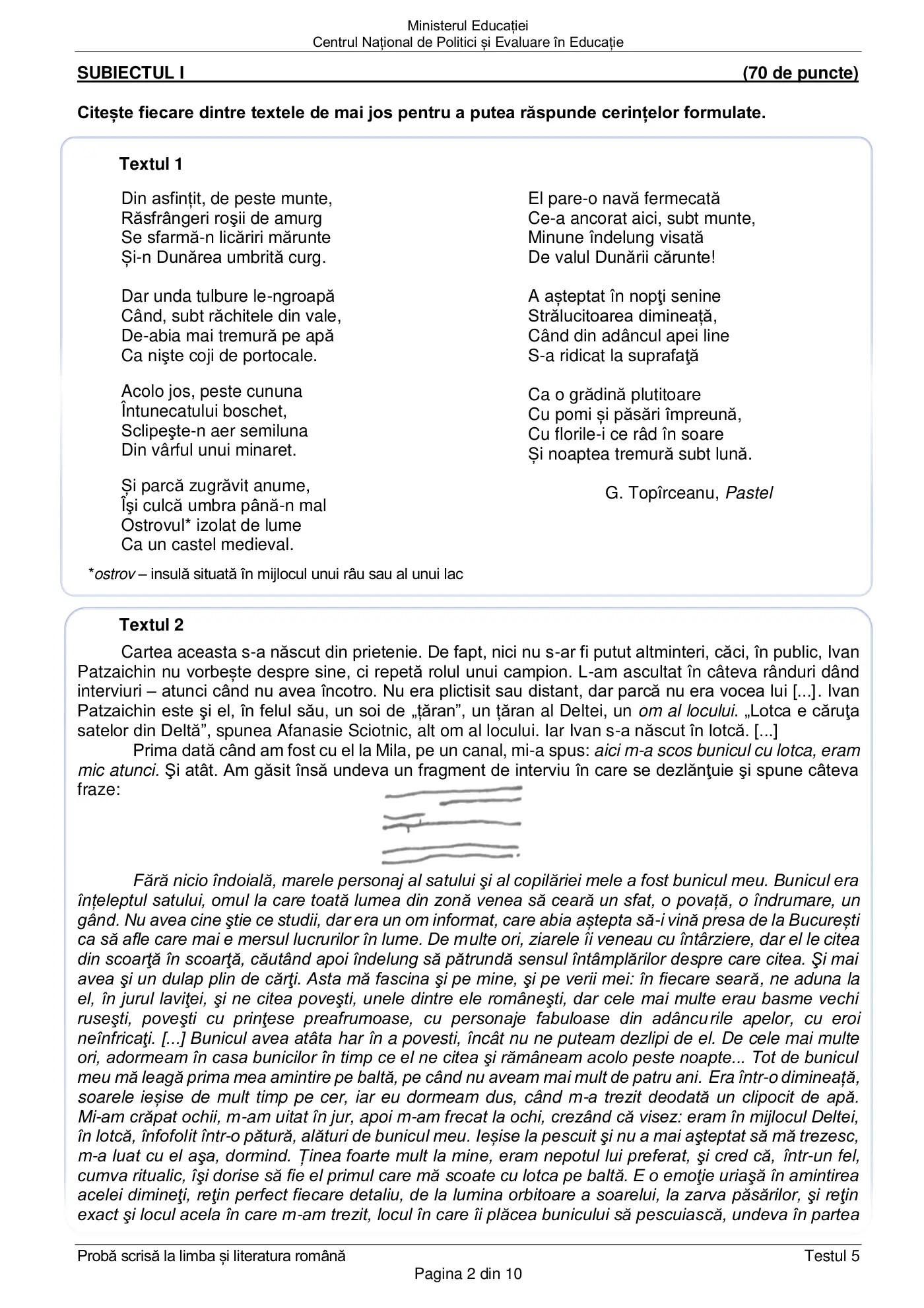 Pagina 2 din subiectul test de antrenament 5, limba și literatura română, februarie 2021