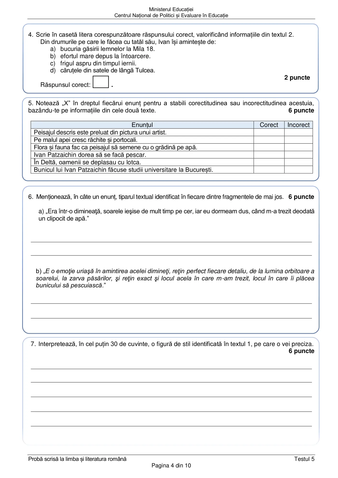 Pagina 4 din subiectul test de antrenament 5, limba și literatura română, februarie 2021
