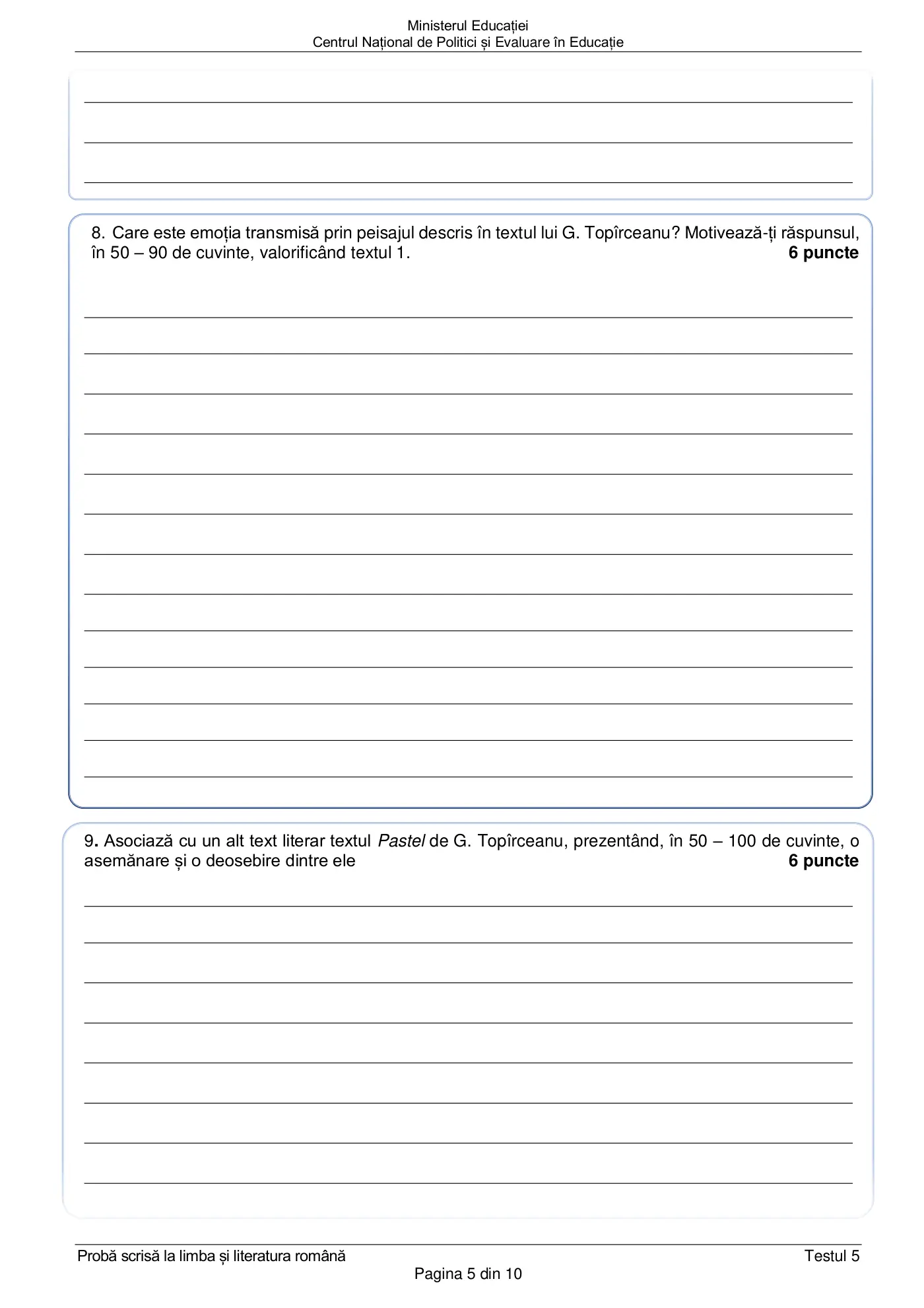 Pagina 5 din subiectul test de antrenament 5, limba și literatura română, februarie 2021