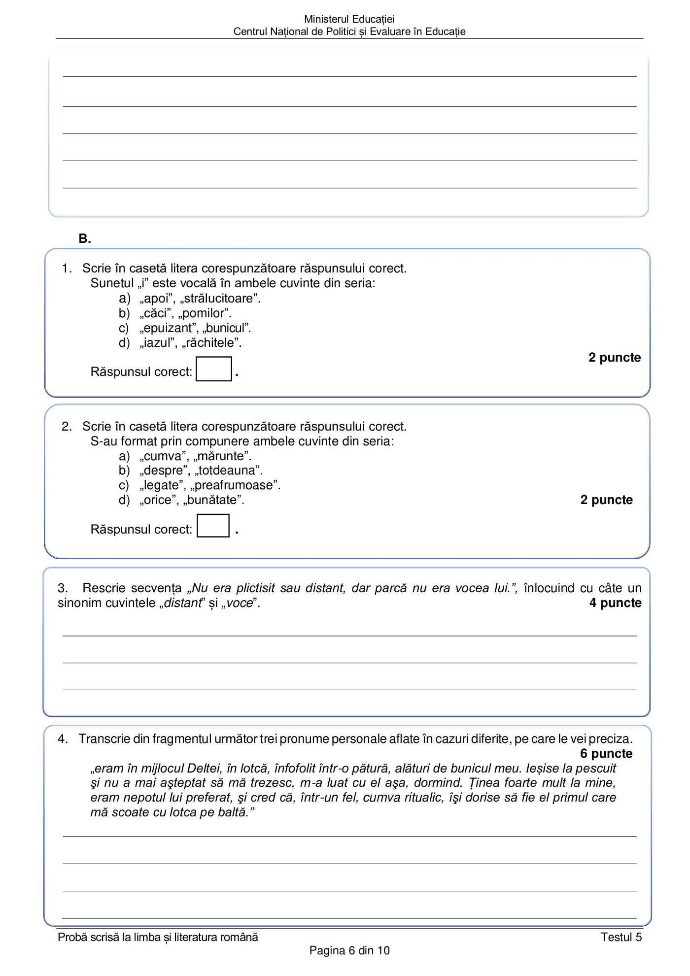 Pagina 6 din subiectul test de antrenament 5, limba și literatura română, februarie 2021