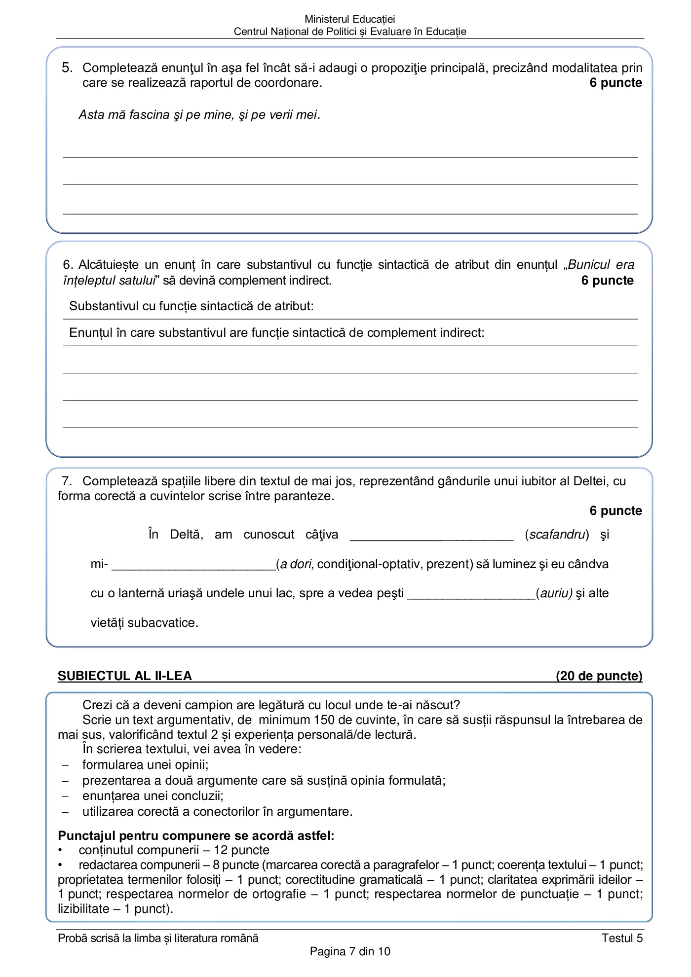 Pagina 7 din subiectul test de antrenament 5, limba și literatura română, februarie 2021
