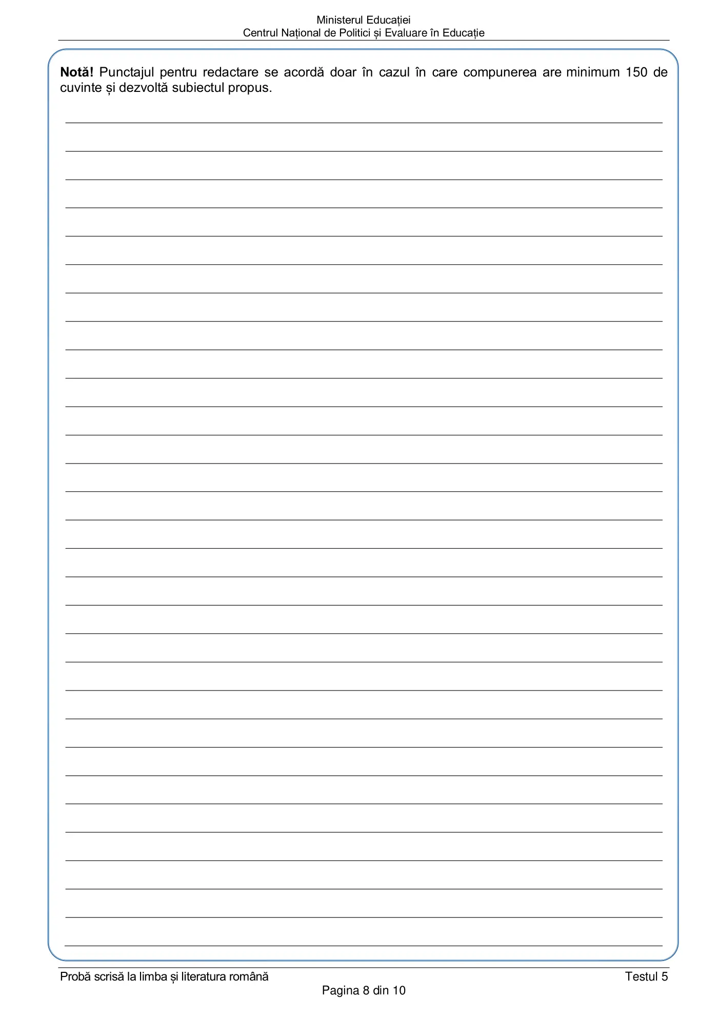 Pagina 8 din subiectul test de antrenament 5, limba și literatura română, februarie 2021
