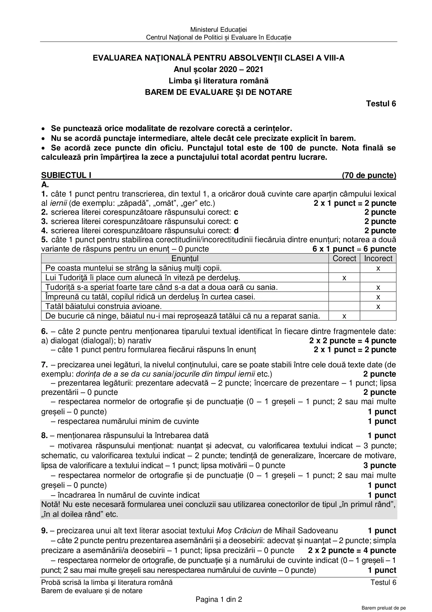 Pagina 1 din baremul pentru test de antrenament 6, limba și literatura română, martie 2021