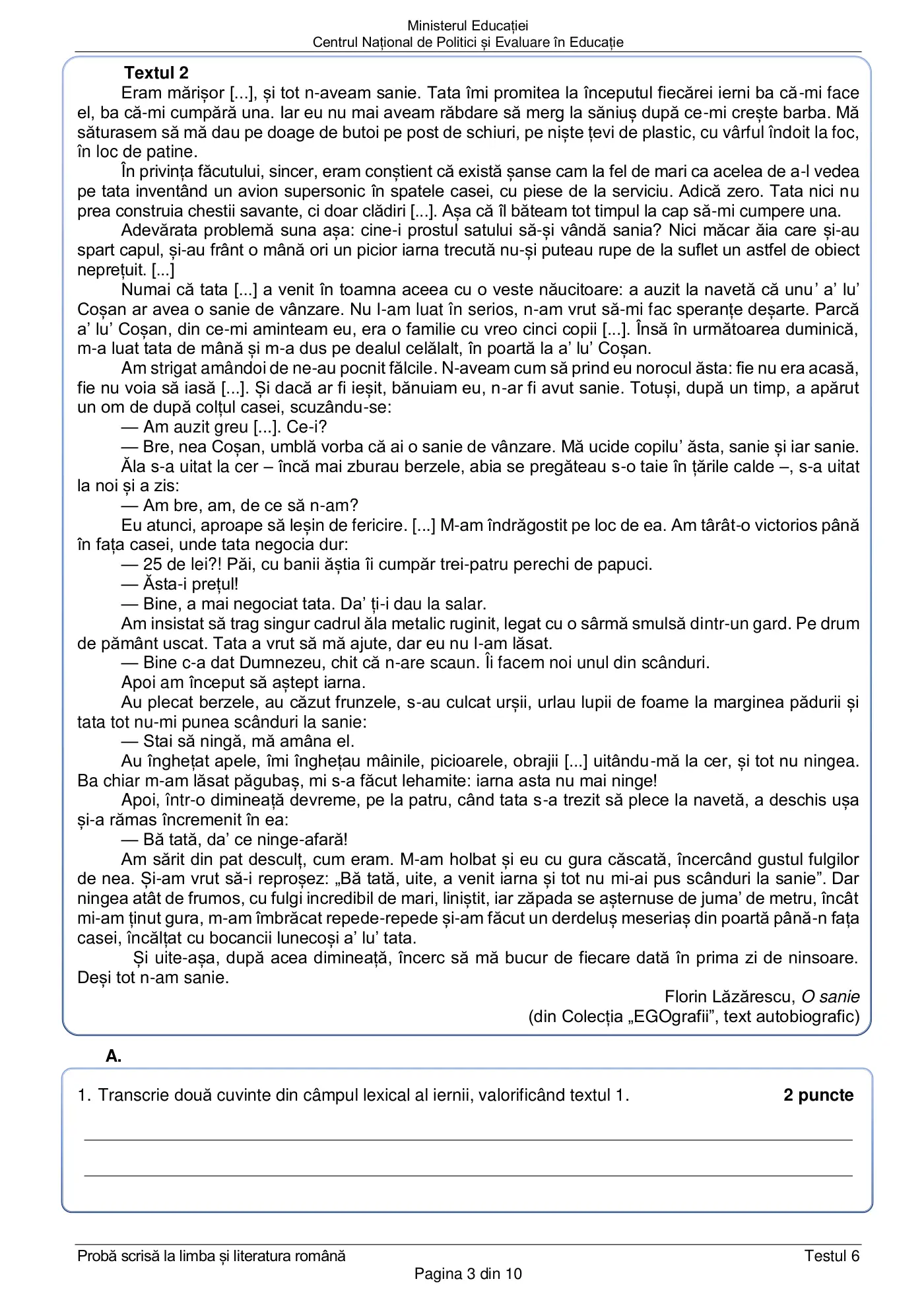 Pagina 3 din subiectul test de antrenament 6, limba și literatura română, martie 2021